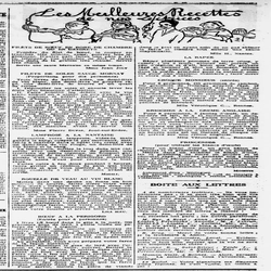 Les meilleurs recettes de nos lectrices : filets de bœuf en robe de chambre où en beignets, filets de soles sauce Mornay, lamproie à la nantaise, rouelle de veau au vin blanc, bœuf à la Périgord (entrée), la râpée de pommes de terre, croque monsieur, brioches à la crème anglaise et des princesses (meringues)