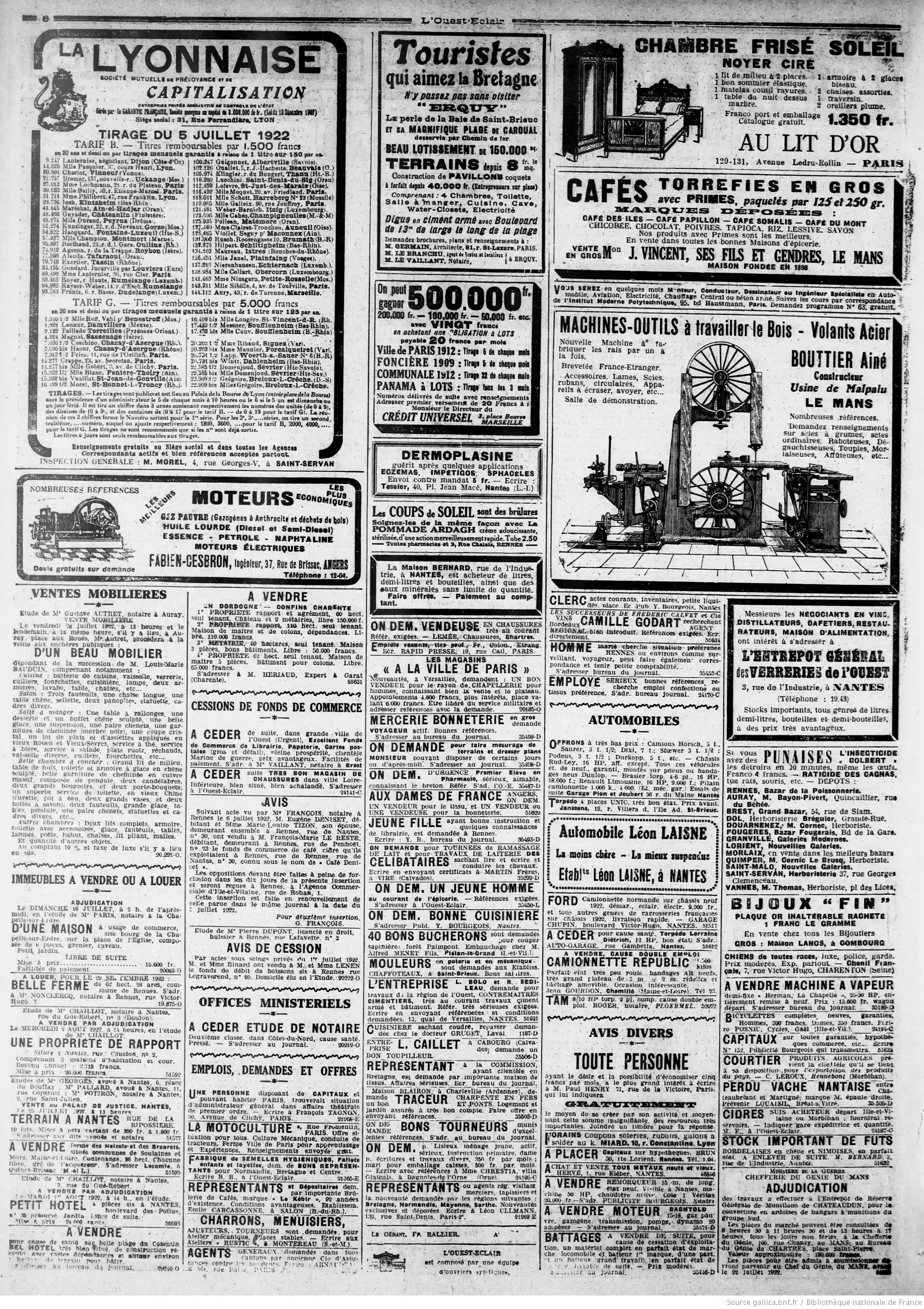 LOuest Éclair édition du 15 juillet 1922 la page de publicité pour acquérir un pavillon en Bretagne à partir de quarante mille francs V