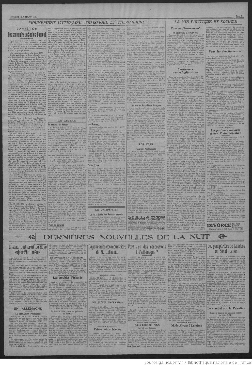 La Lanterne journal édition du 15 juillet 1922 la page à lire traite de la maison de Racine 3V
