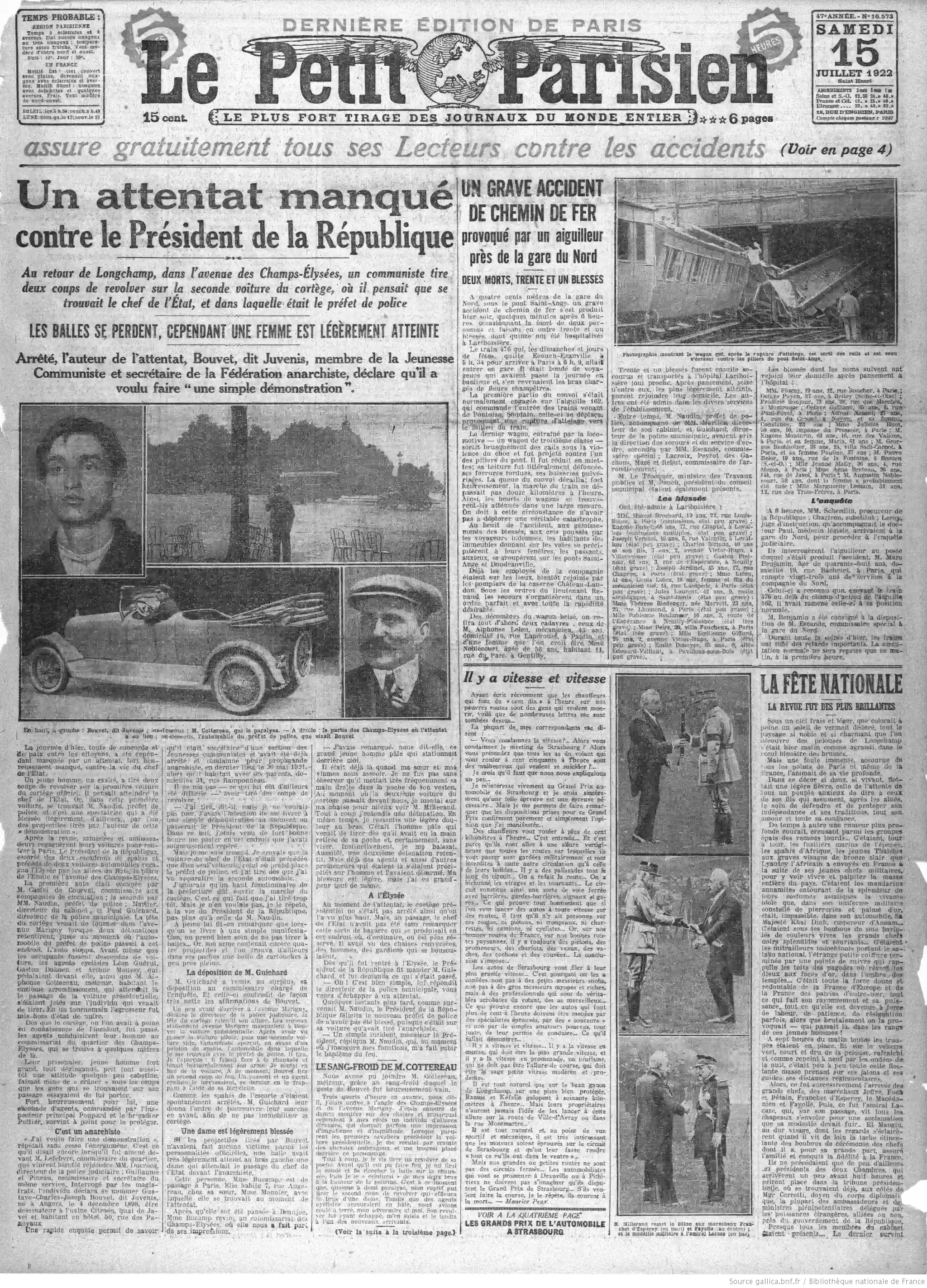 Le Petit Parisien journal édition du 15 juillet 1922 la page traitant de la vitesse avec tout moyen de locomotion 1V