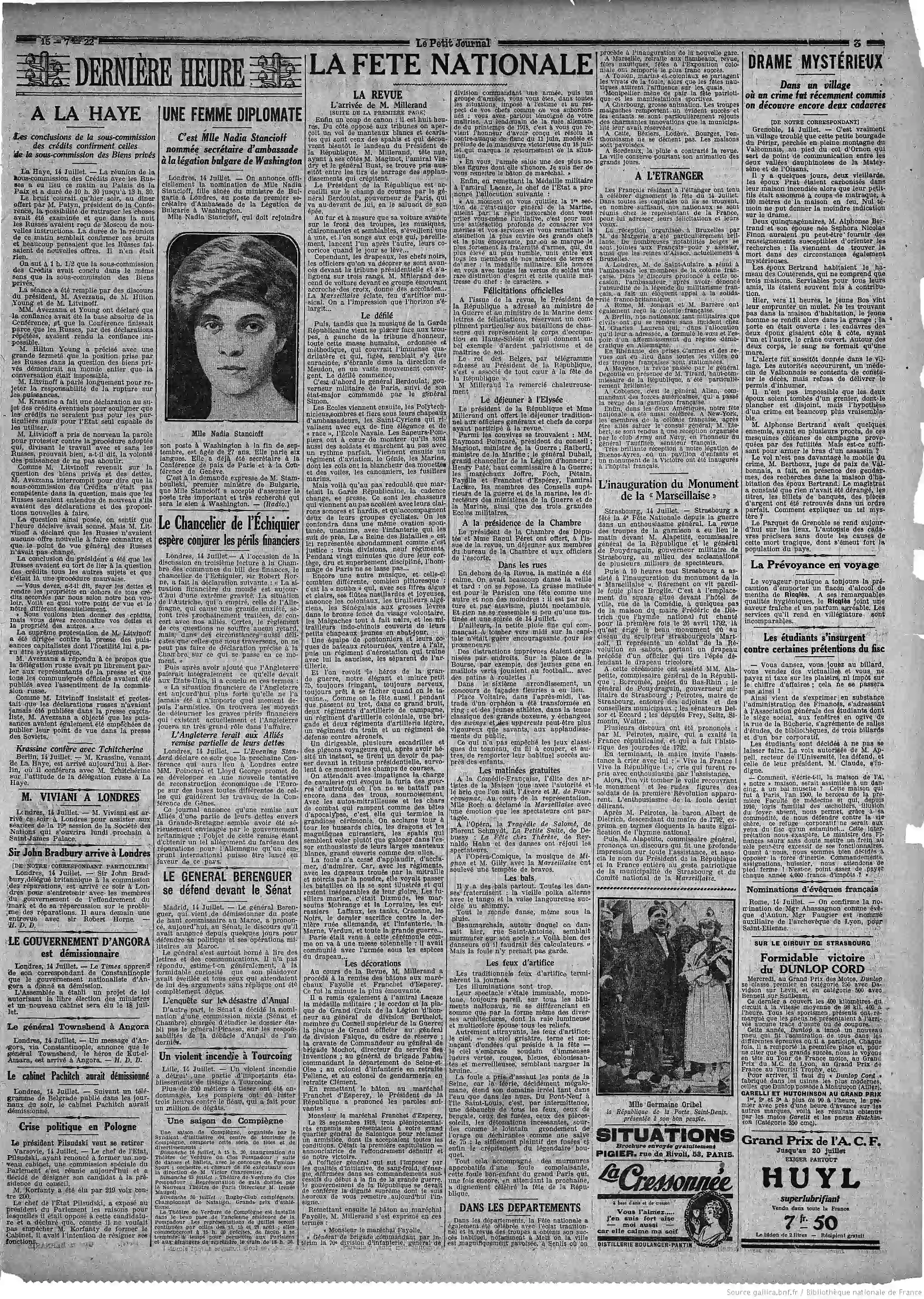 Le Petit journal Parti édition du 15 juillet 1922 la page une femme ambassadeur 3V
