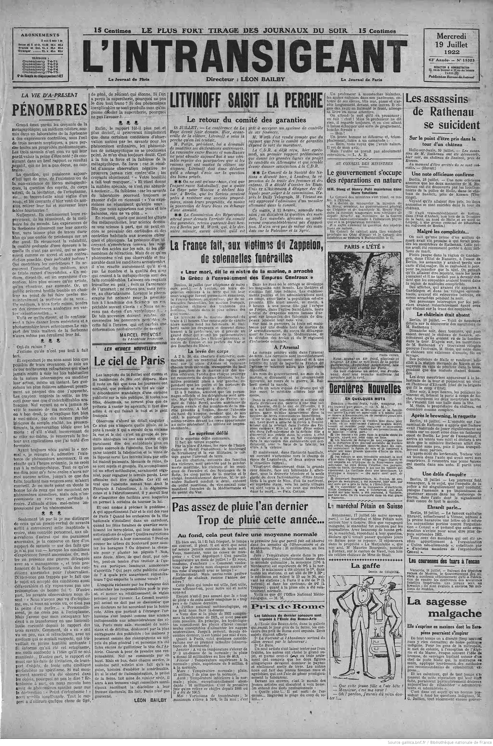LIntransigeant édition du 19 juillet 1922 la page une à lire le ciel