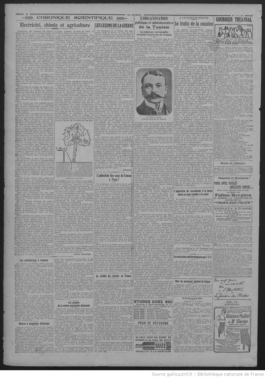 Le Journal édition du 19 juillet 1922 la page quatre à lire sur la culture et la chimie