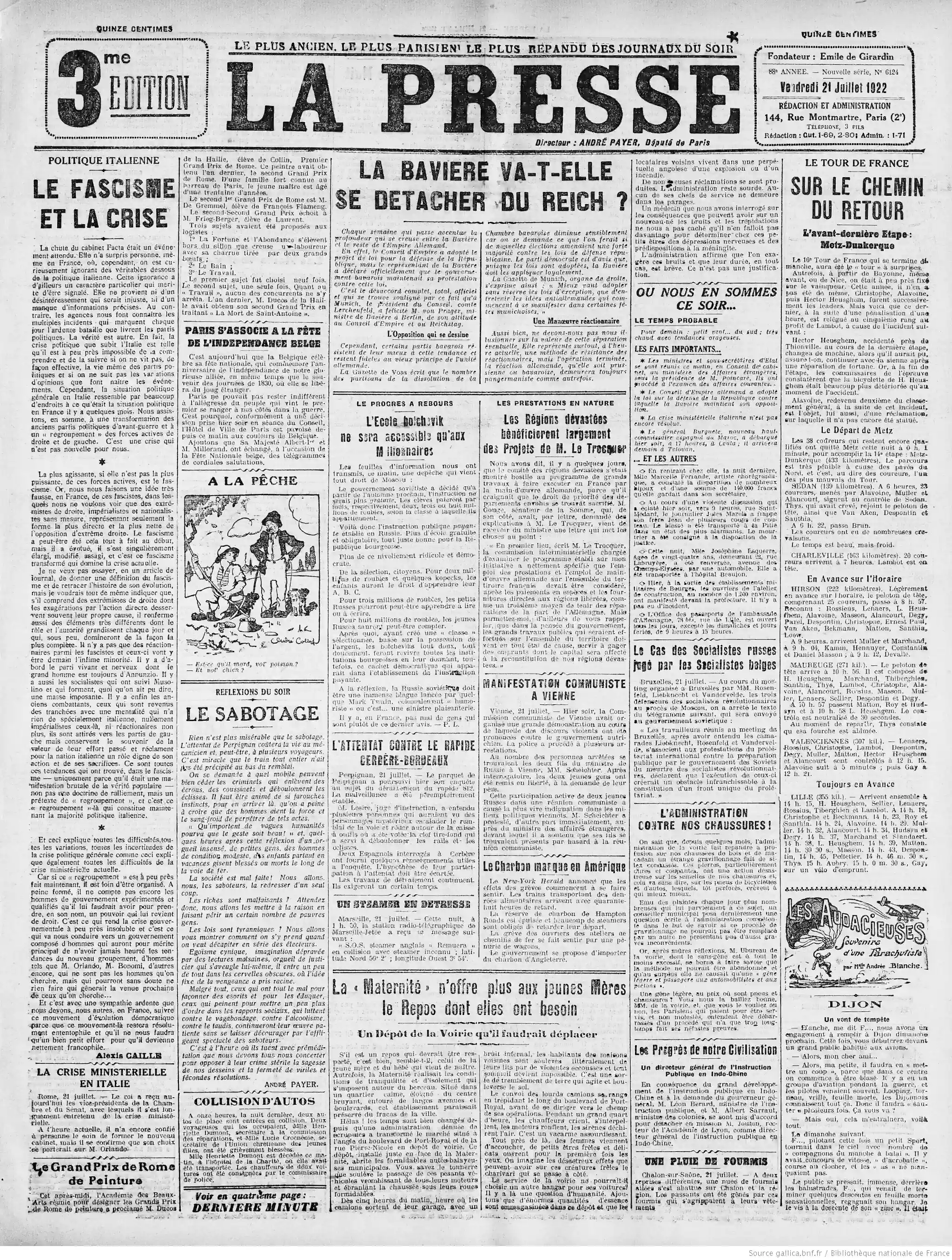 La Presse édition du 21 juillet 1922 page une la maternité n offre pas le repos nécessaire aux parturientes P1