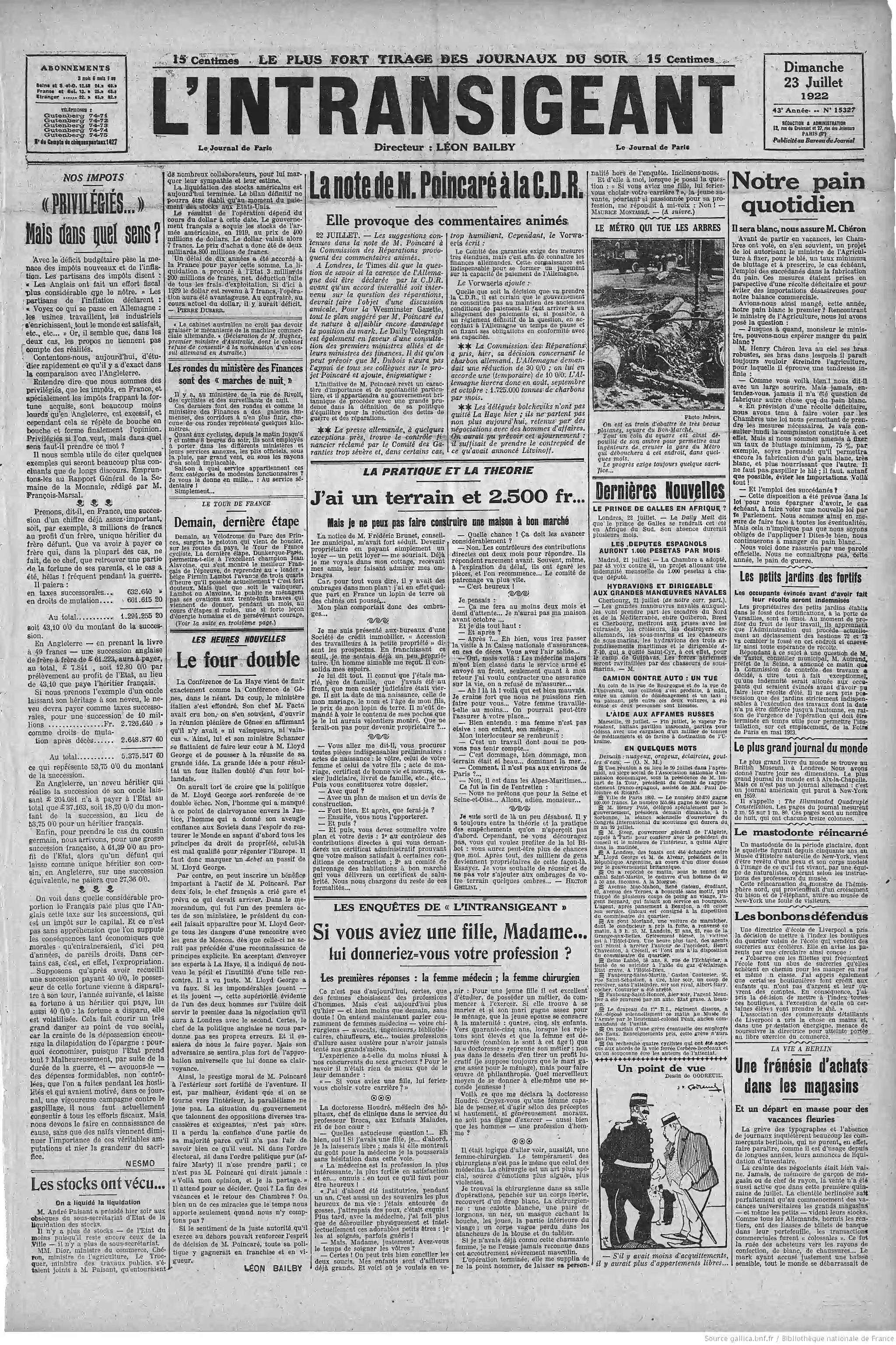 LIntransigeant édition du 23 juillet 1922 la page une les prêts bancaires et la santé de l emprunteur P1
