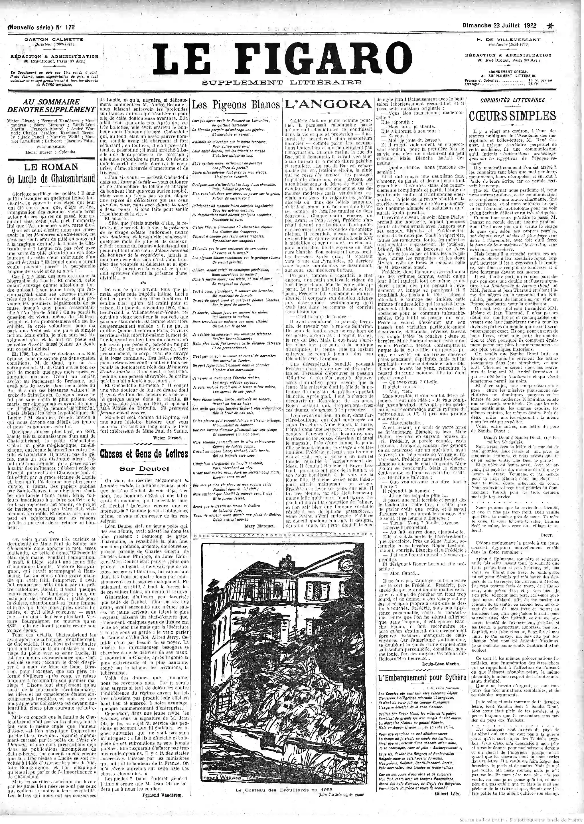Le Figaro édition du 22 juillet 1922 la page une de Colomba la berceuse corse livret de Prosper Mérimé musique de Henri Musser P