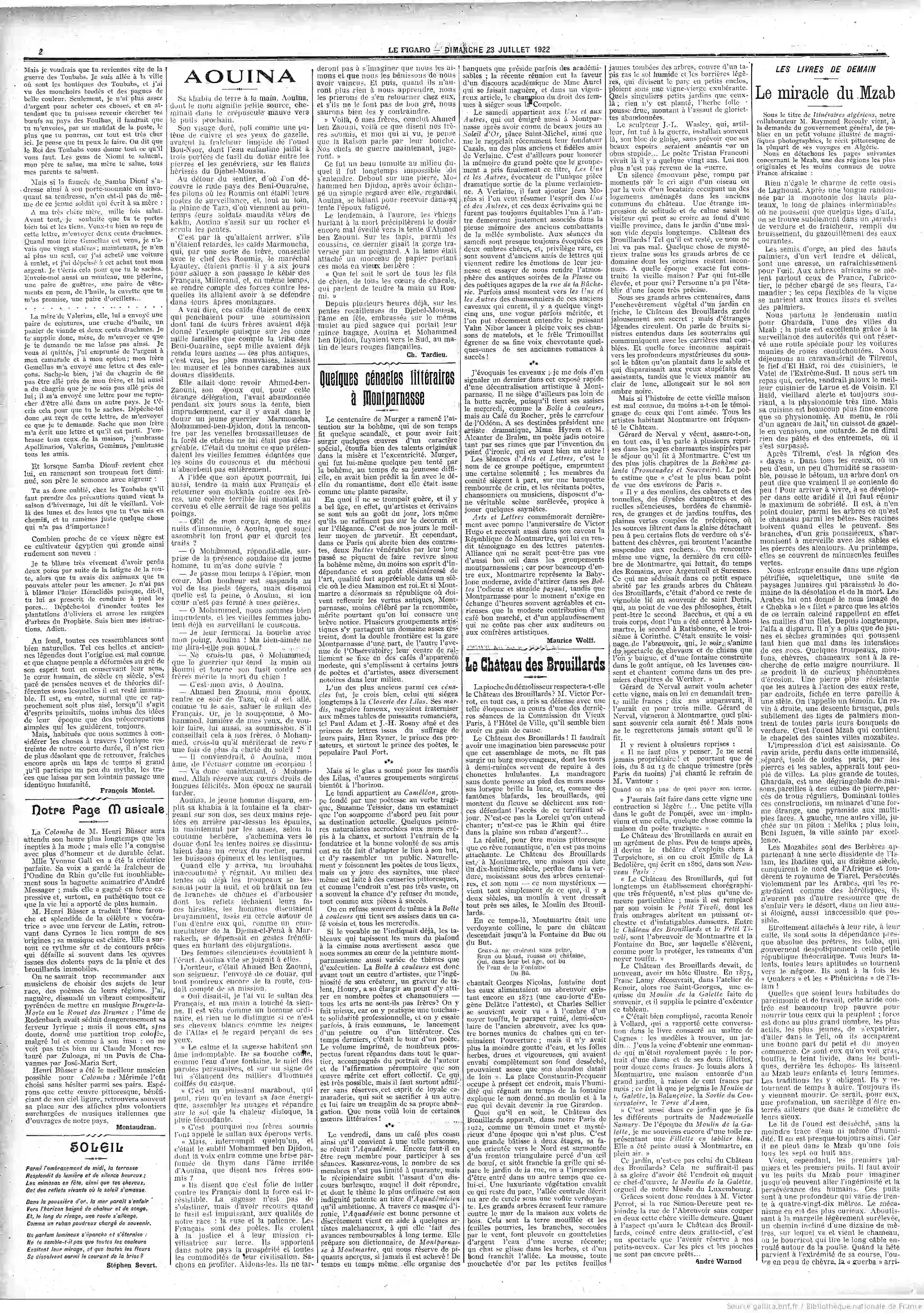 Le Figaro édition du 22 juillet 1922 page deux le chateau des brouillards à Montmartre sera t il conservé P2