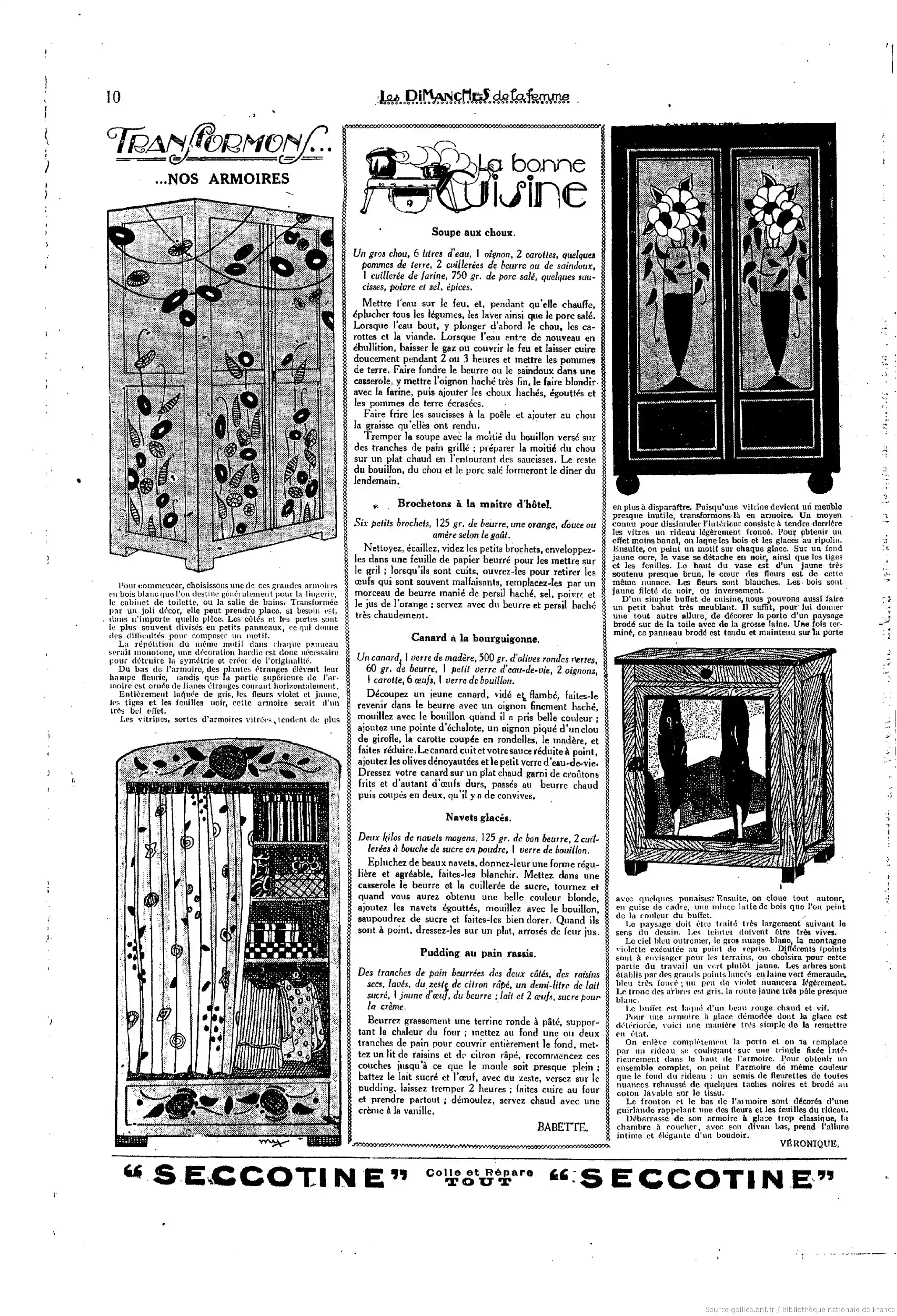 Les Dimanches de la femme édition du 23 juillet 1922 la page neuf quatre recettes de cuisines des temps anciens 9