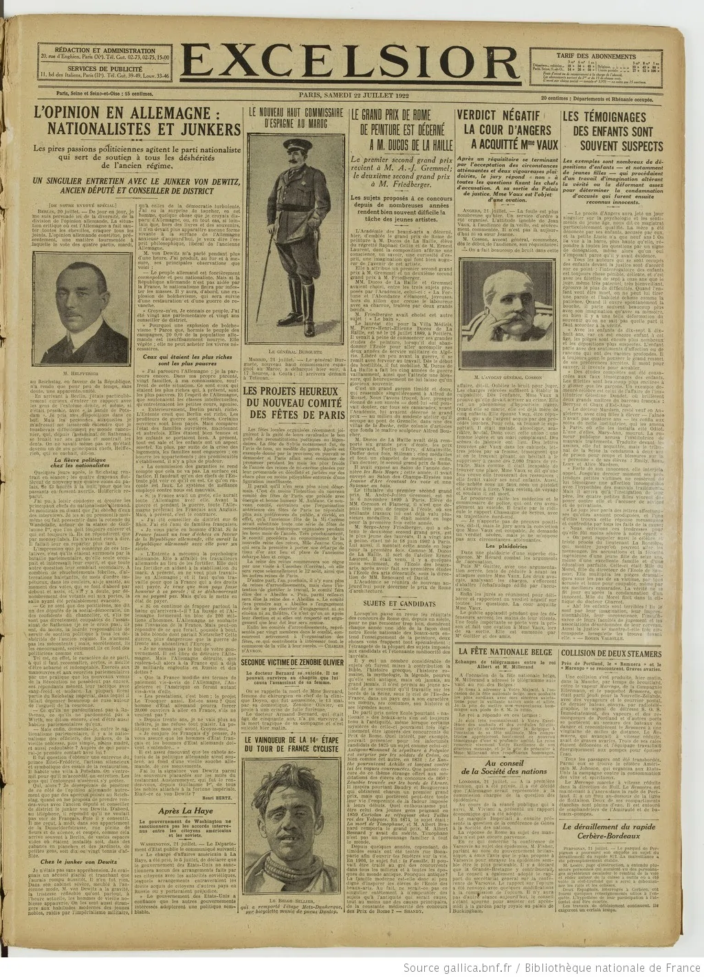 Excelsior édition du 22 juillet 1922 la page trois le témoignage des enfants est suspect P3