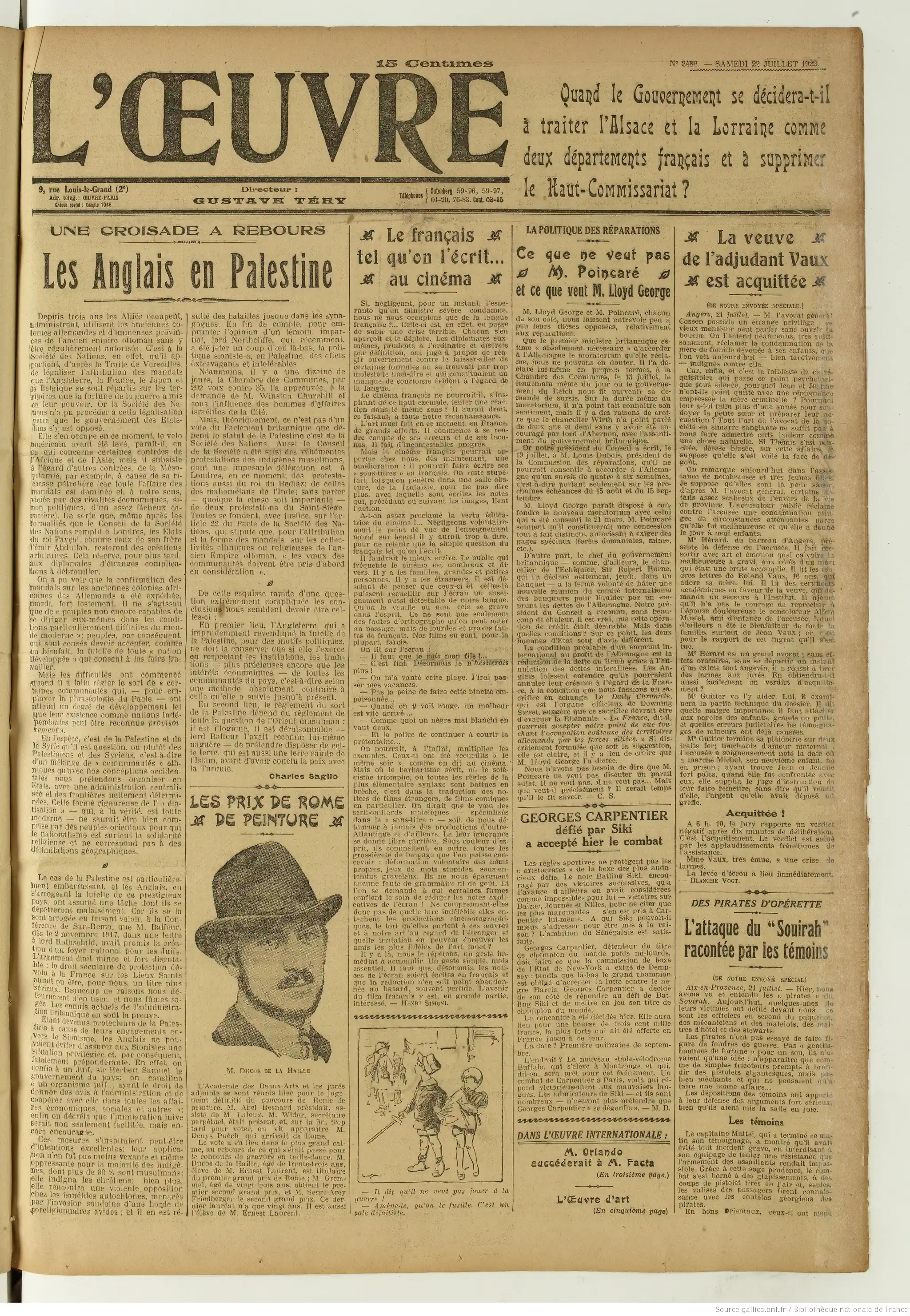 L Oeuvre édition du 22 juillet 1922 la page une le français tel qu on le parle au cinéma P1
