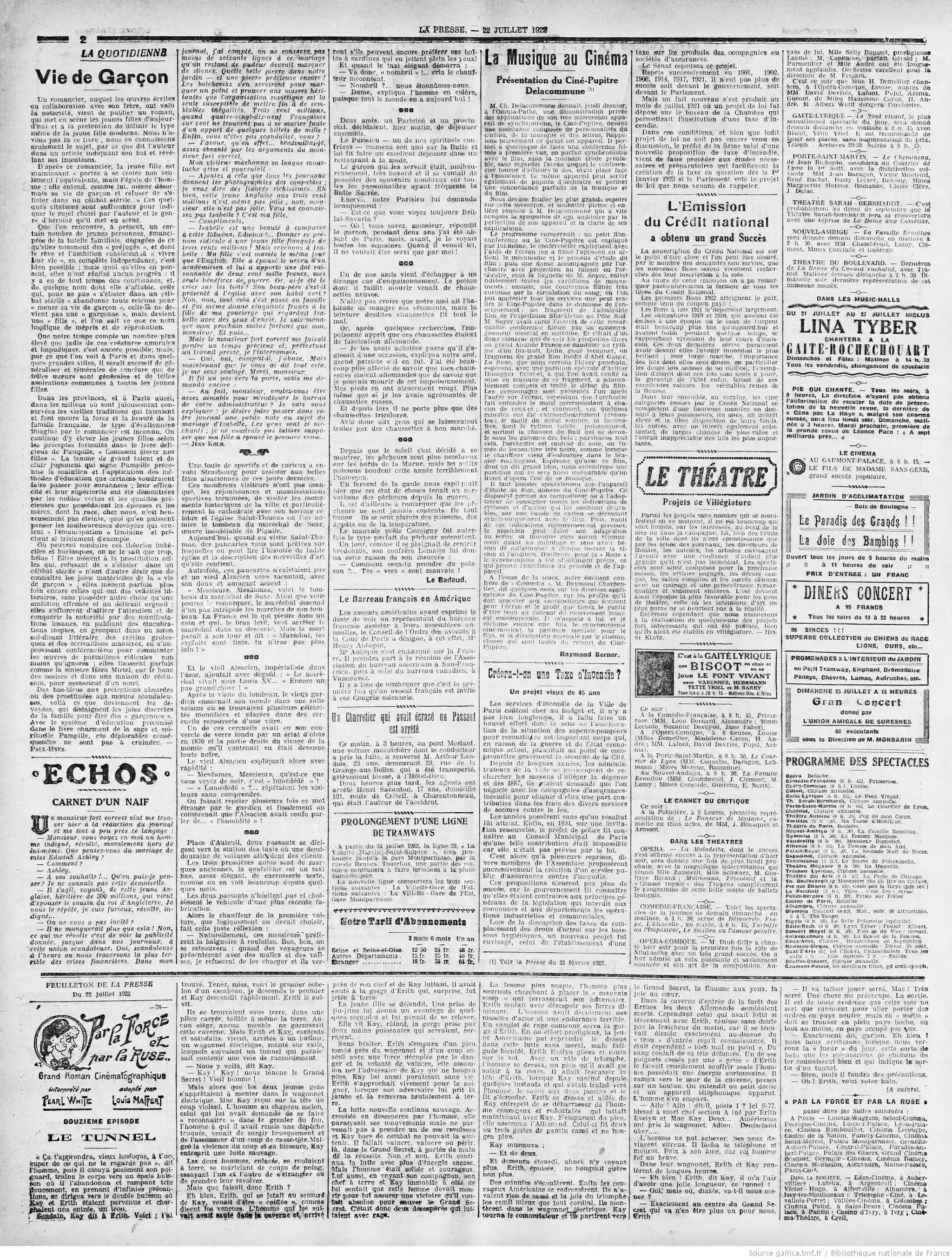La Presse édition du 22 juillet 1922 la page deux créera t on une taxe incendie P2