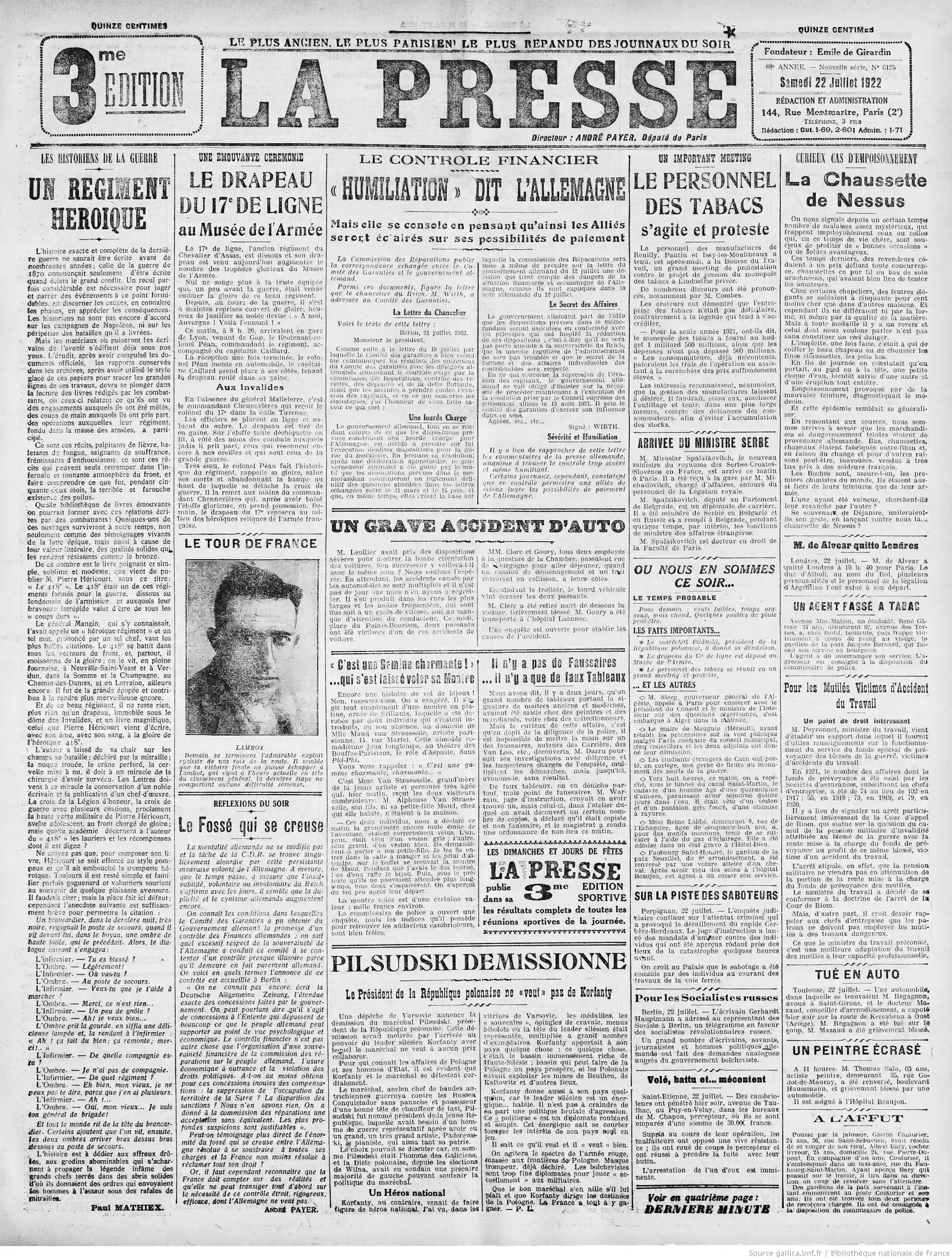 La Presse édition du 22 juillet 1922 la page une un curieux cas d empoisonnement P1