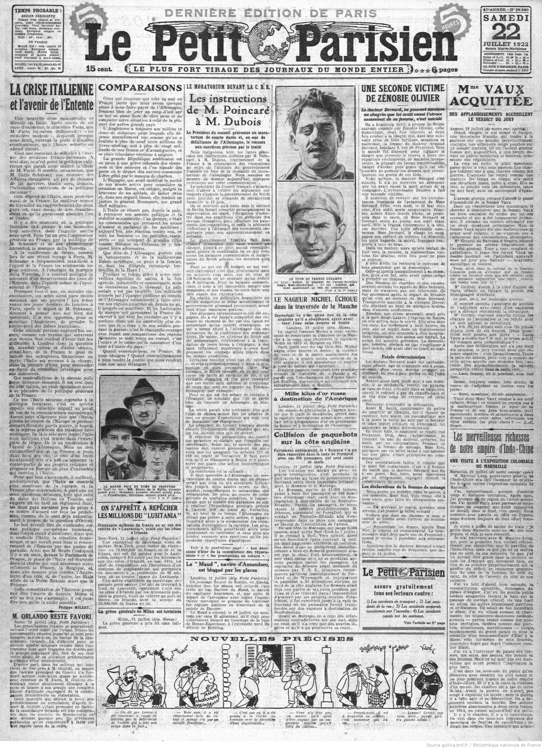 Le Petit Parisien édition du 22 juillet 1922 la page une dessin humoristique nouvelles précises P1