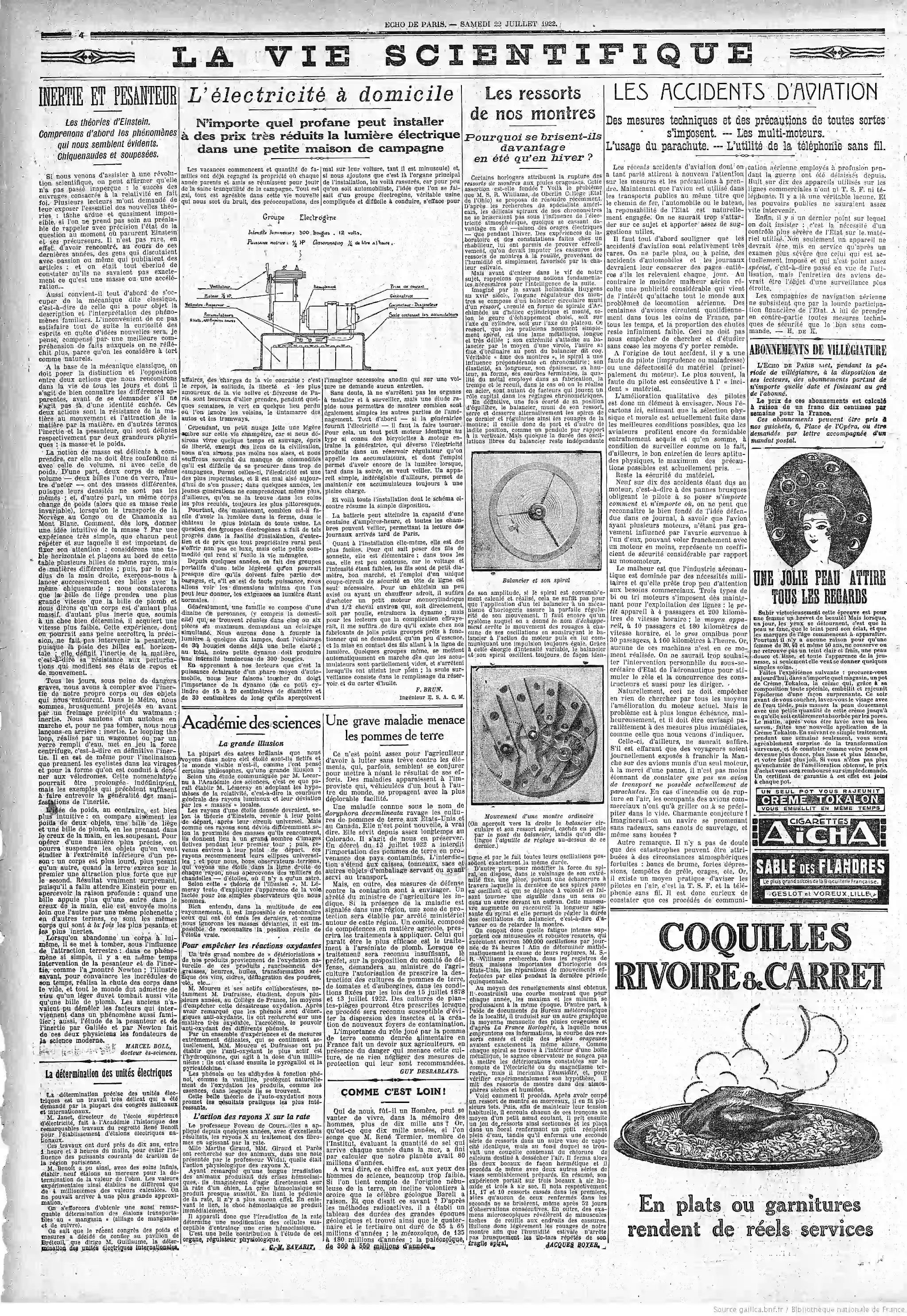LÉcho de Paris édition du 22 juuillet 1922 la page sciences et technique le ressort de nos montre4