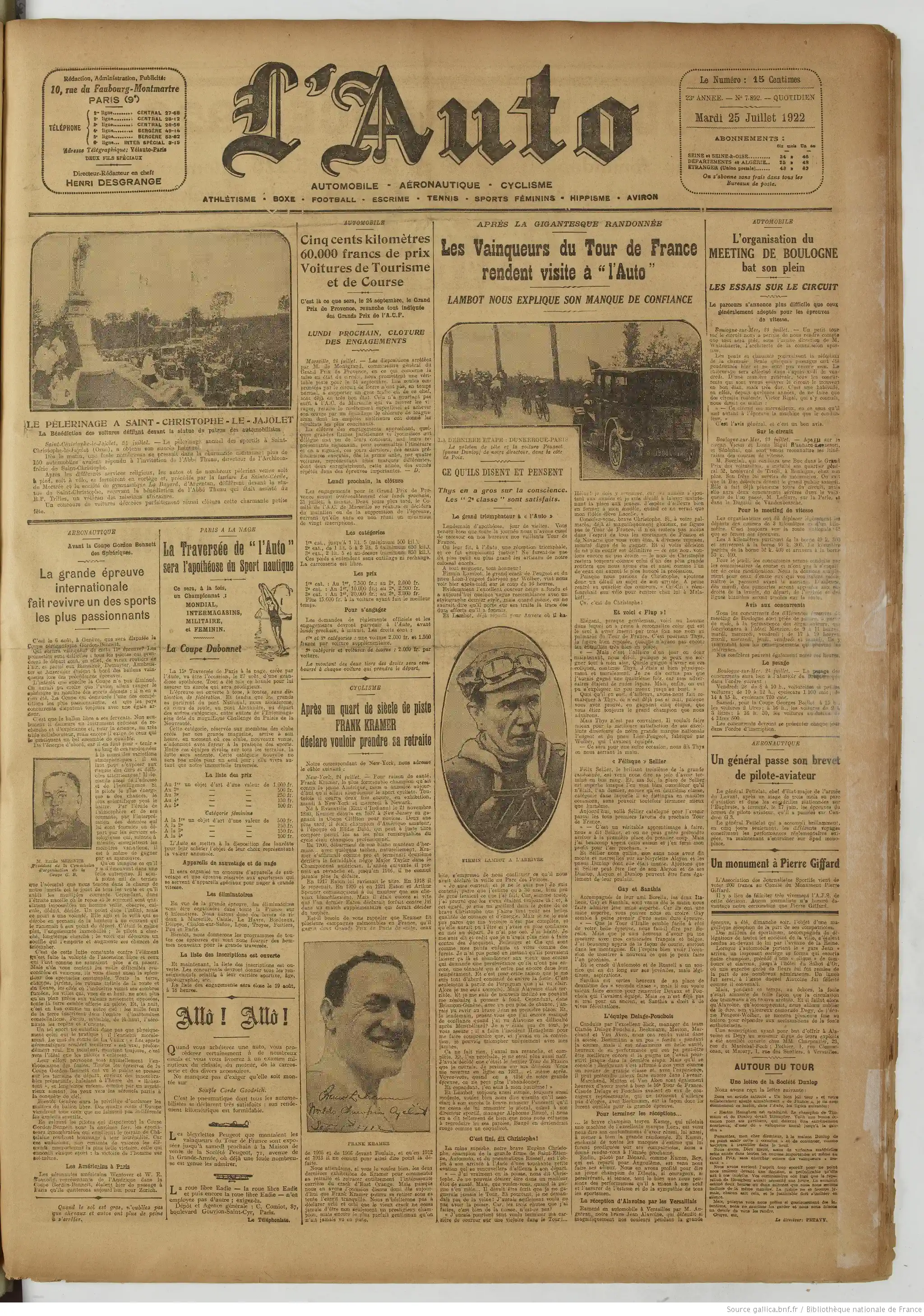 LAuto vélo édition du 25 juillet 1922 La une le pèlerinage de Saint Christophe le Jouault dans l Orne P1