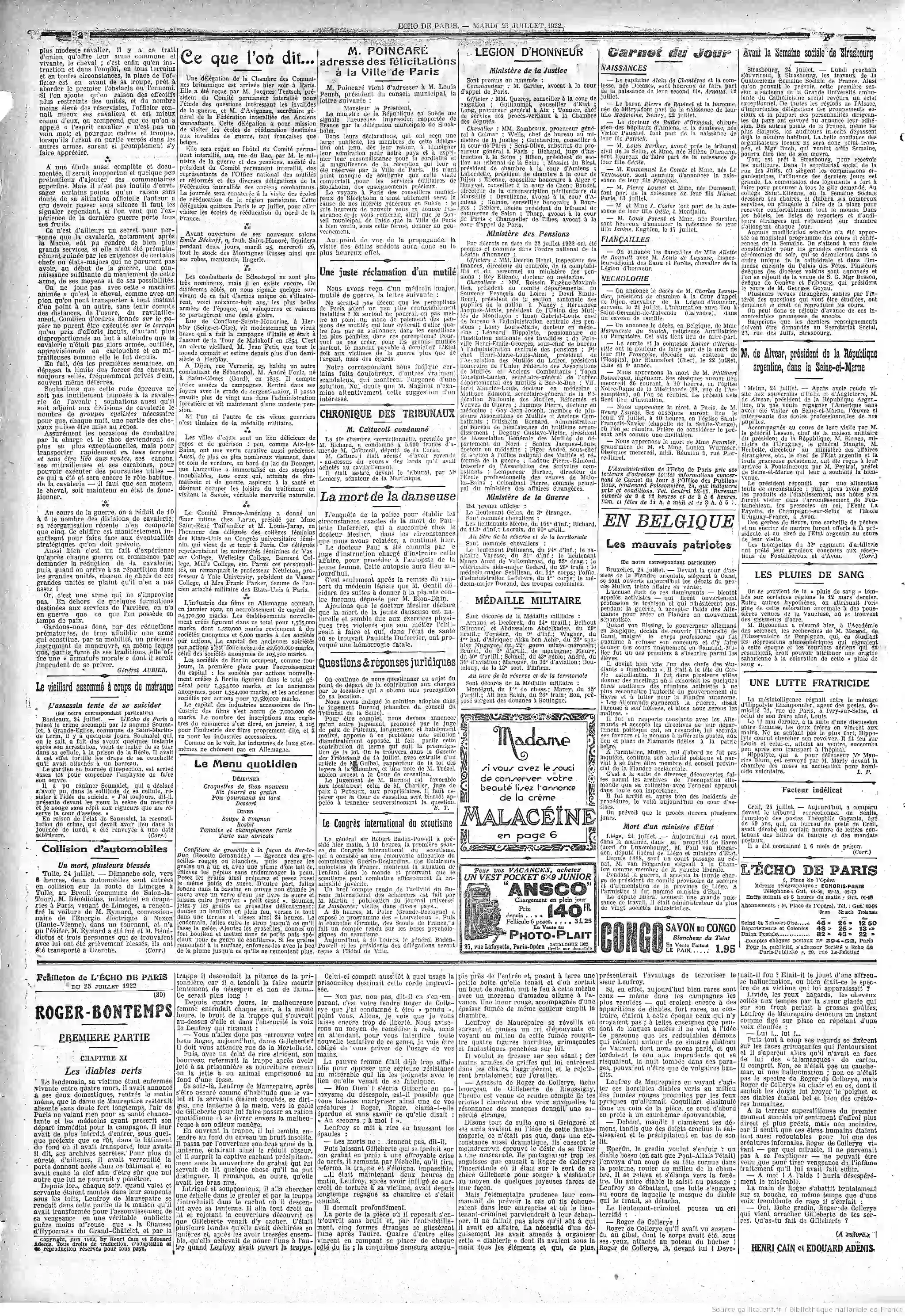 LÉcho de Paris édition du 25 juillet 1922 la page deux réclamations justifiées d un mutilé de guerre P2
