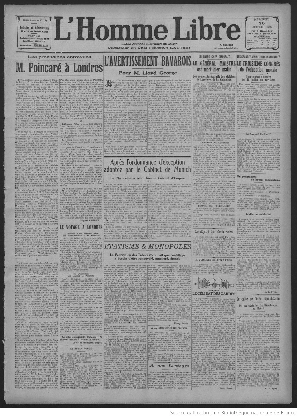 LHomme libre édition du 26 juillet 1922 la page une la sanctuarisation de la République P1
