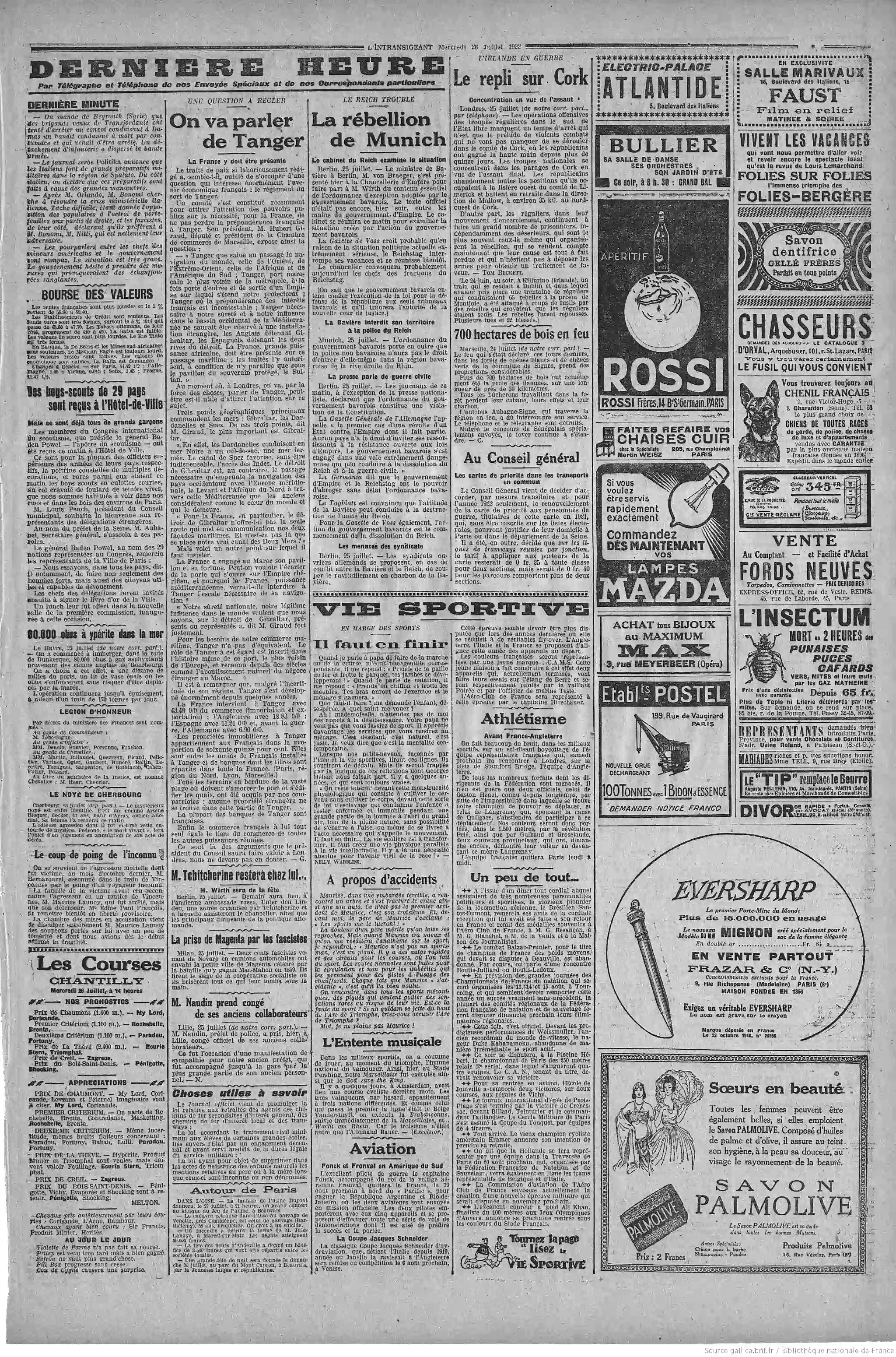 LIntransigeant édition du 26 juillet 1922 la page trois l abandon Duke Kahanamoku au championnat du monde de natation P3