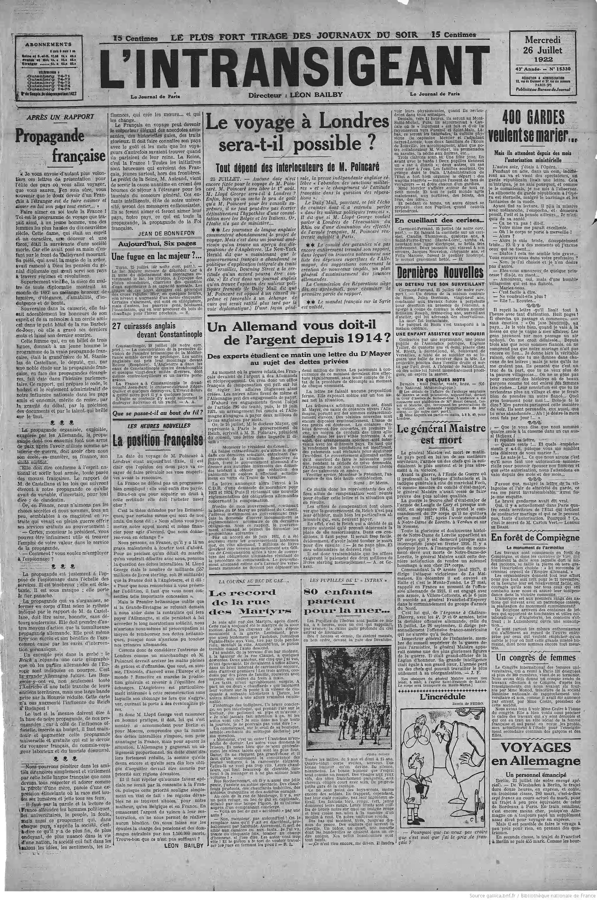 LIntransigeant édition du 26 juillet 1922 la une quatre cents militaires attendent l autorisation pour se marier P1