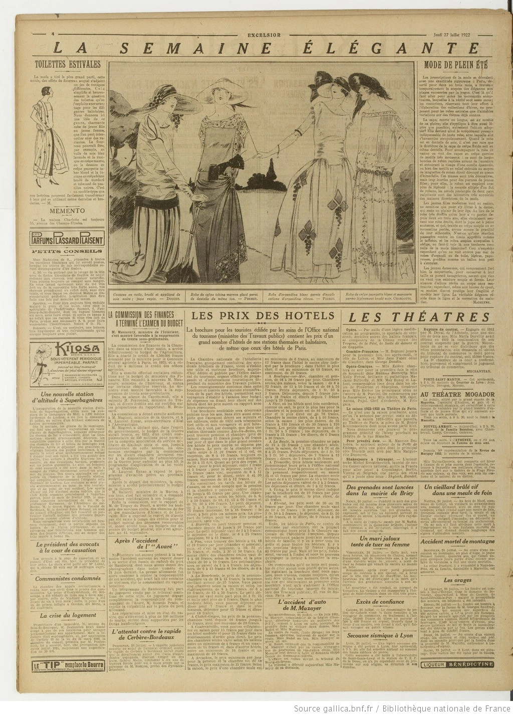 Excelsior édition du 27 juillet 1922 la page deux le prix des hôtels edité par l office de tourisme P1