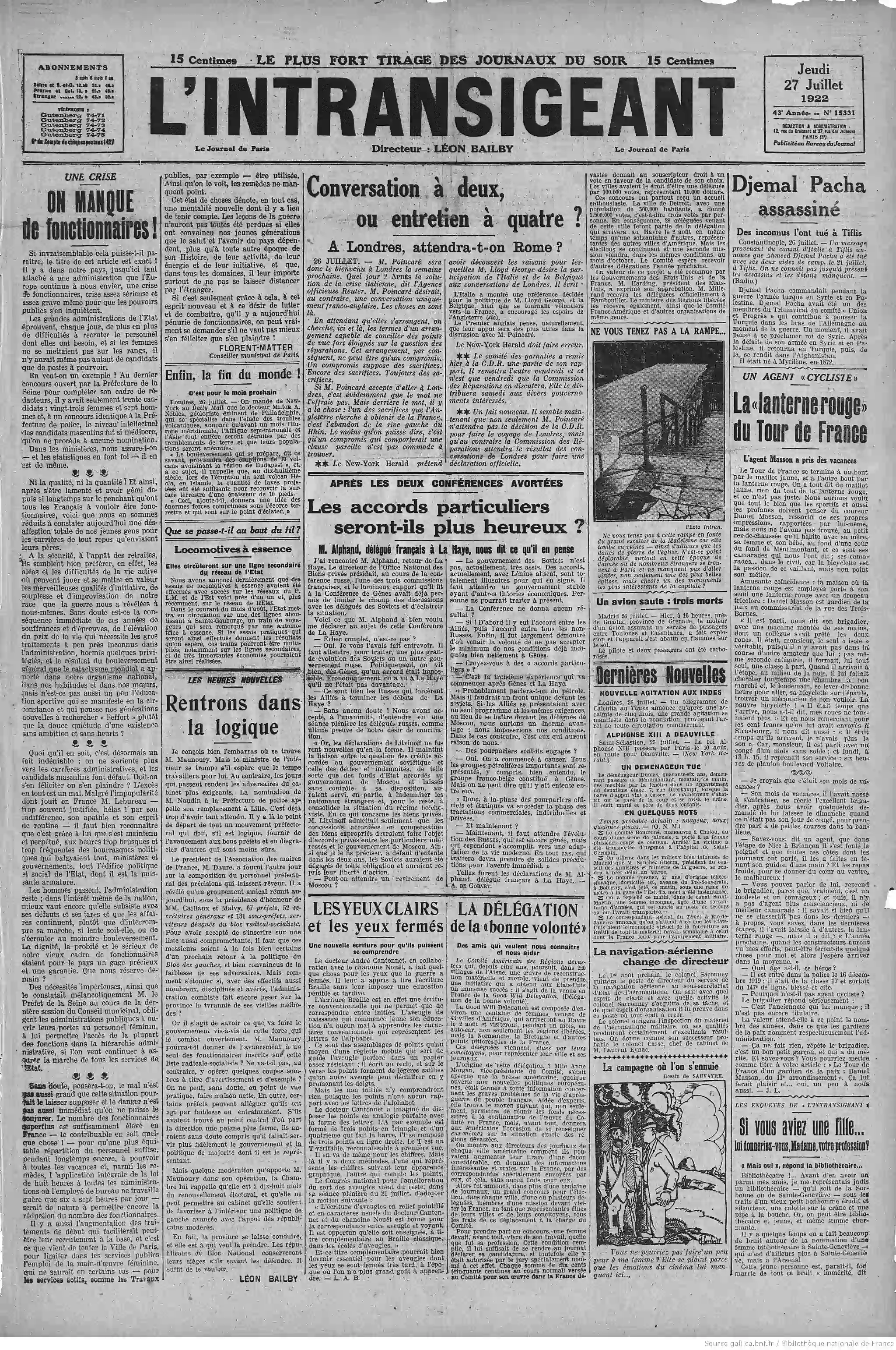 LIntransigeant édition du 27 juillet 1922 la une la Lanterne rouge du tour de France P1