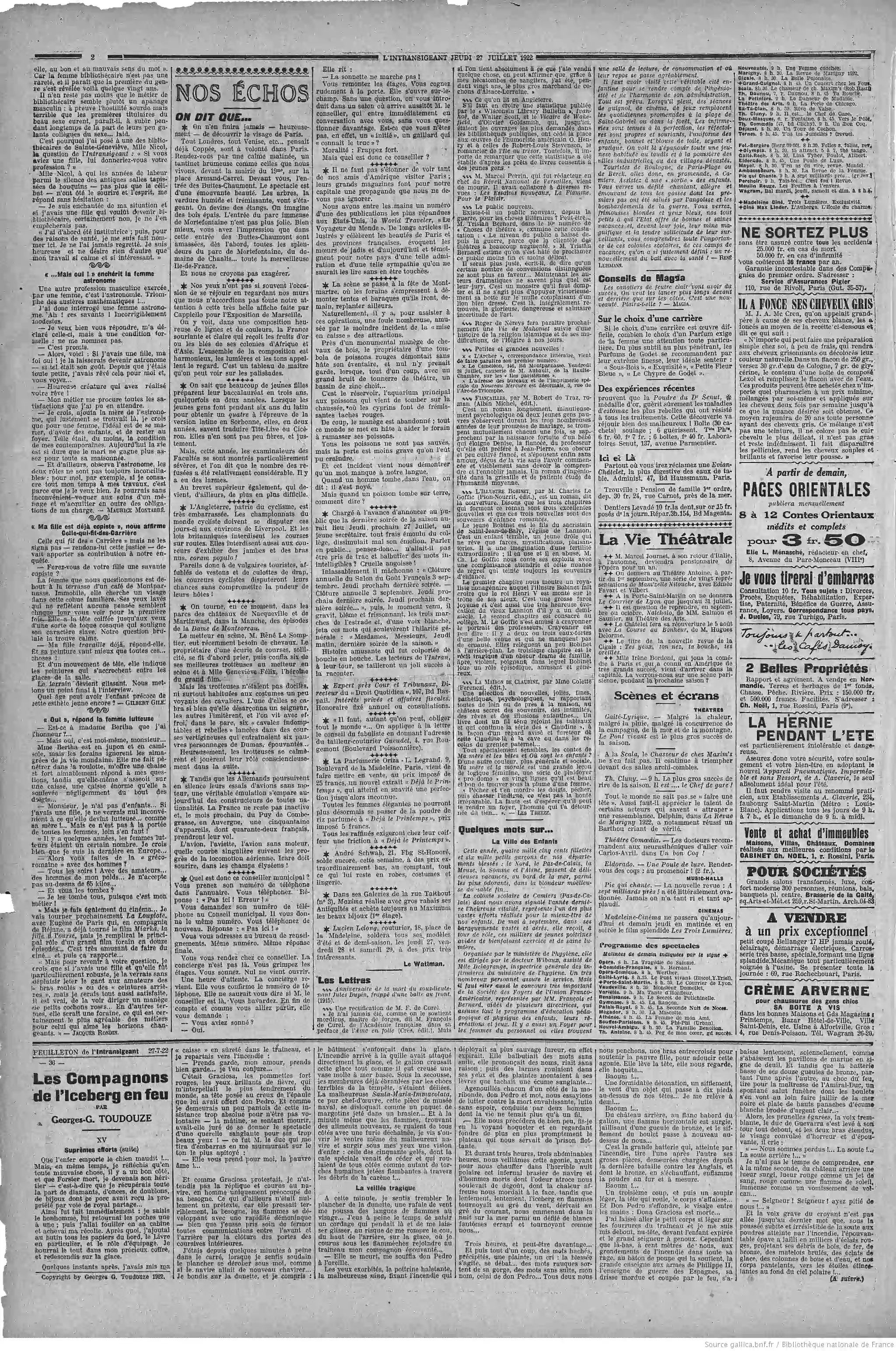 LIntransigeant édition du 27 juillet 1922 page deux le cyclisme en Angleterre trop de nudité P2