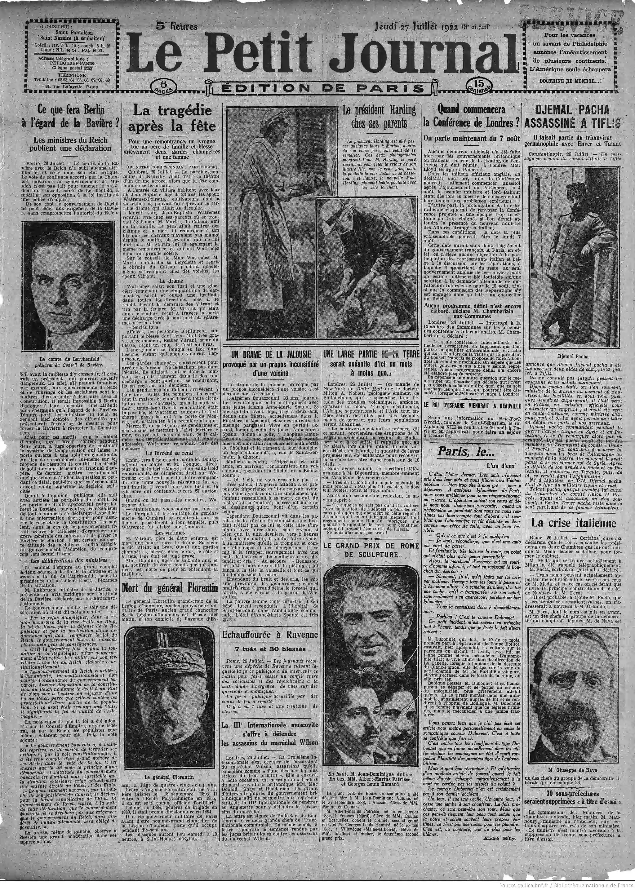 Le Petit journal édition du 27 juillet 1922 la une le président Harding chez ses parents P1