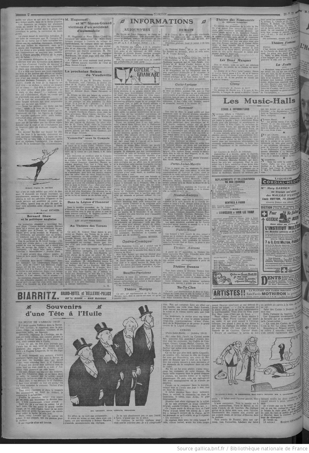 Comoedia édition du 28 juillet 1922 la page deux la classe de danse des hommes à l Opéra de Paris P2