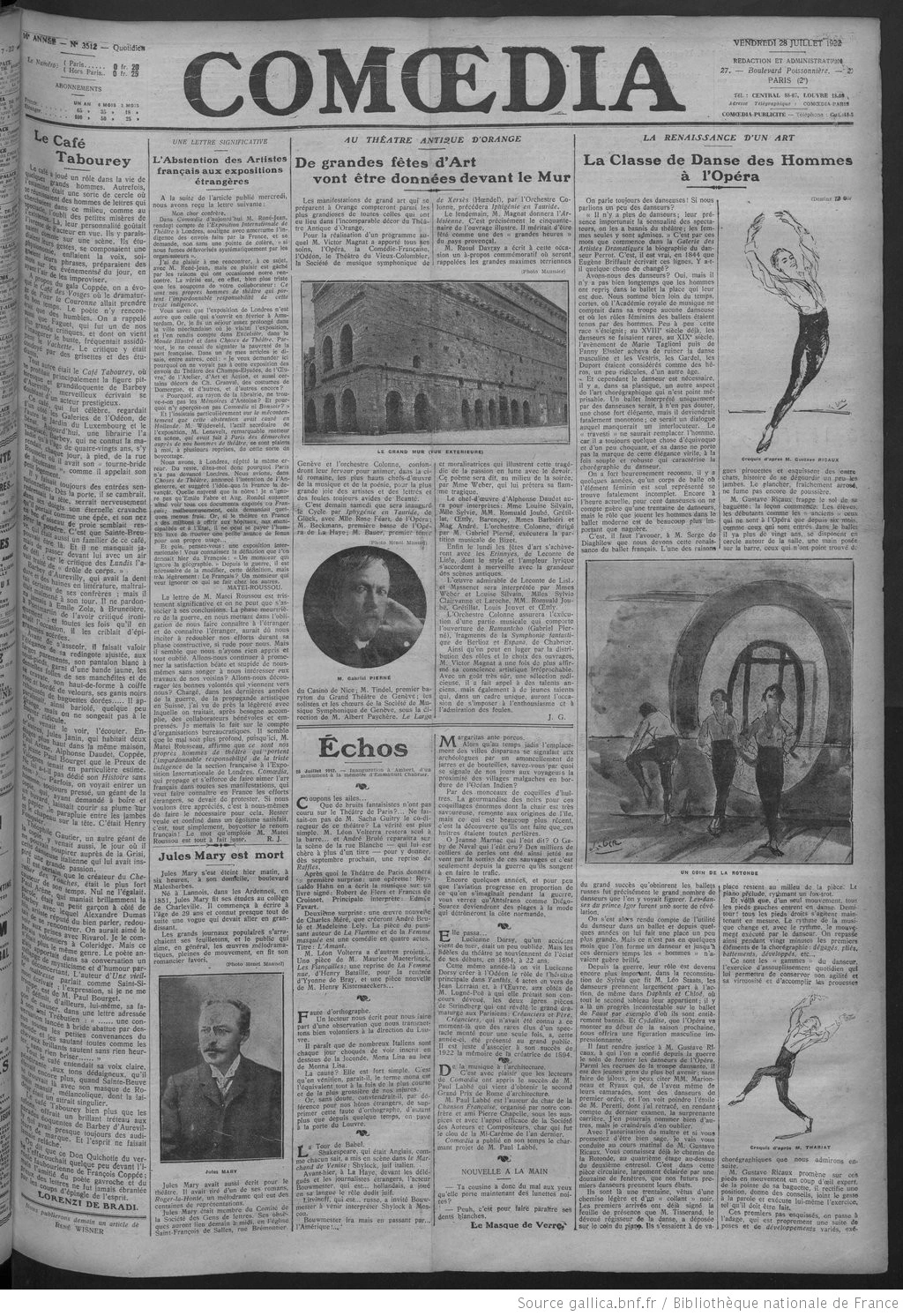 Comoedia édition du 28 juillet 1922 la page une la classe de danse des hommes à l Opéra de Paris P1