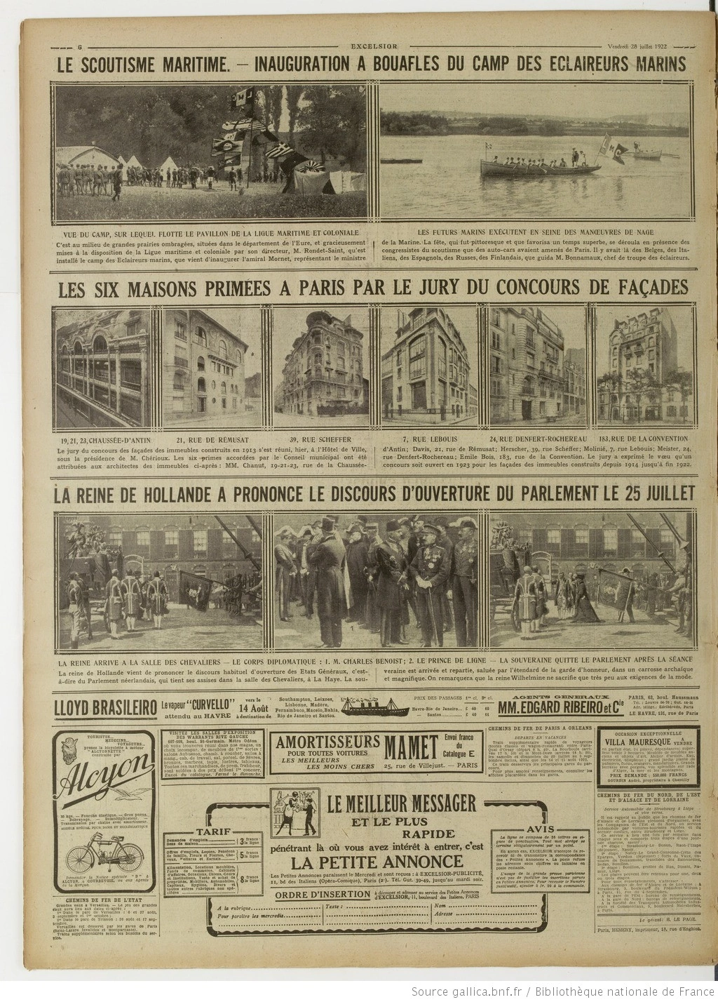 Excelsior édition du 28 juillet 1922 la page six les six immeubles retenus par le jury du concours des façades de Paris P6