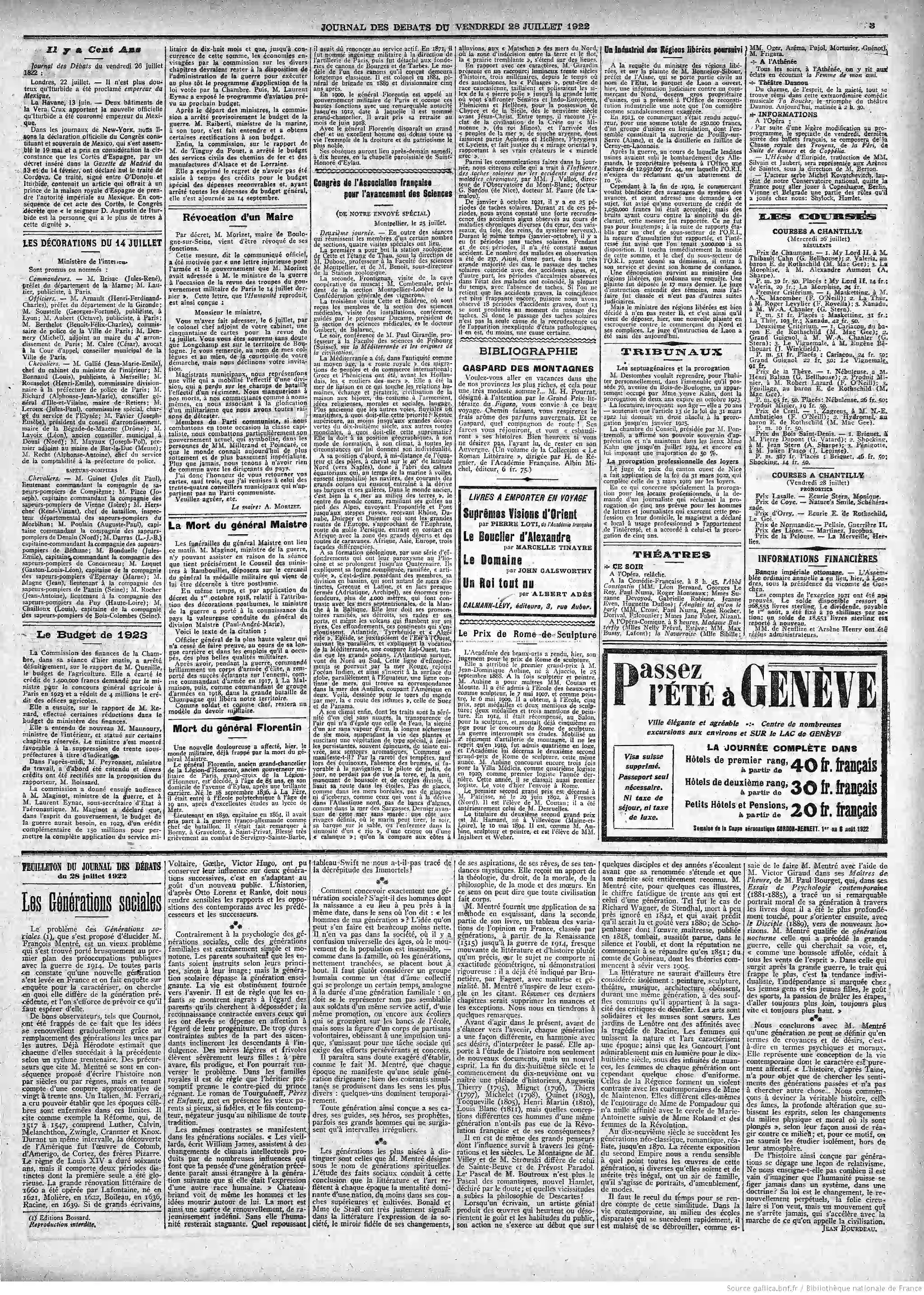 Journal des débats édition du 28 juillet 1922 la page trois la révocation du maire de Boulogne sur Seine Monsieur Morizet P3
