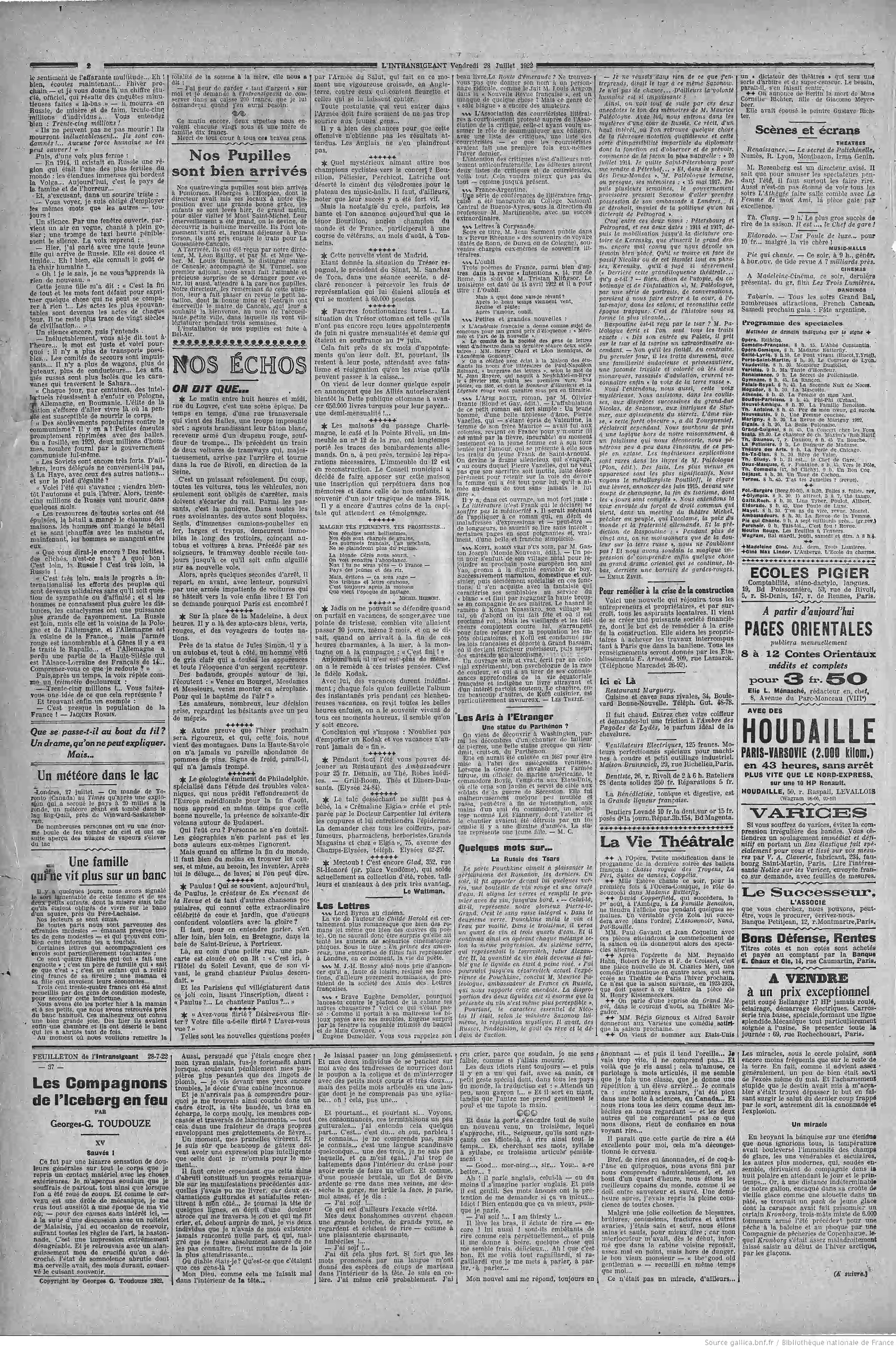 LIntransigeant édition du 28 juillet 1922 la page deux une famille qui ne vit plus sur un banc P2