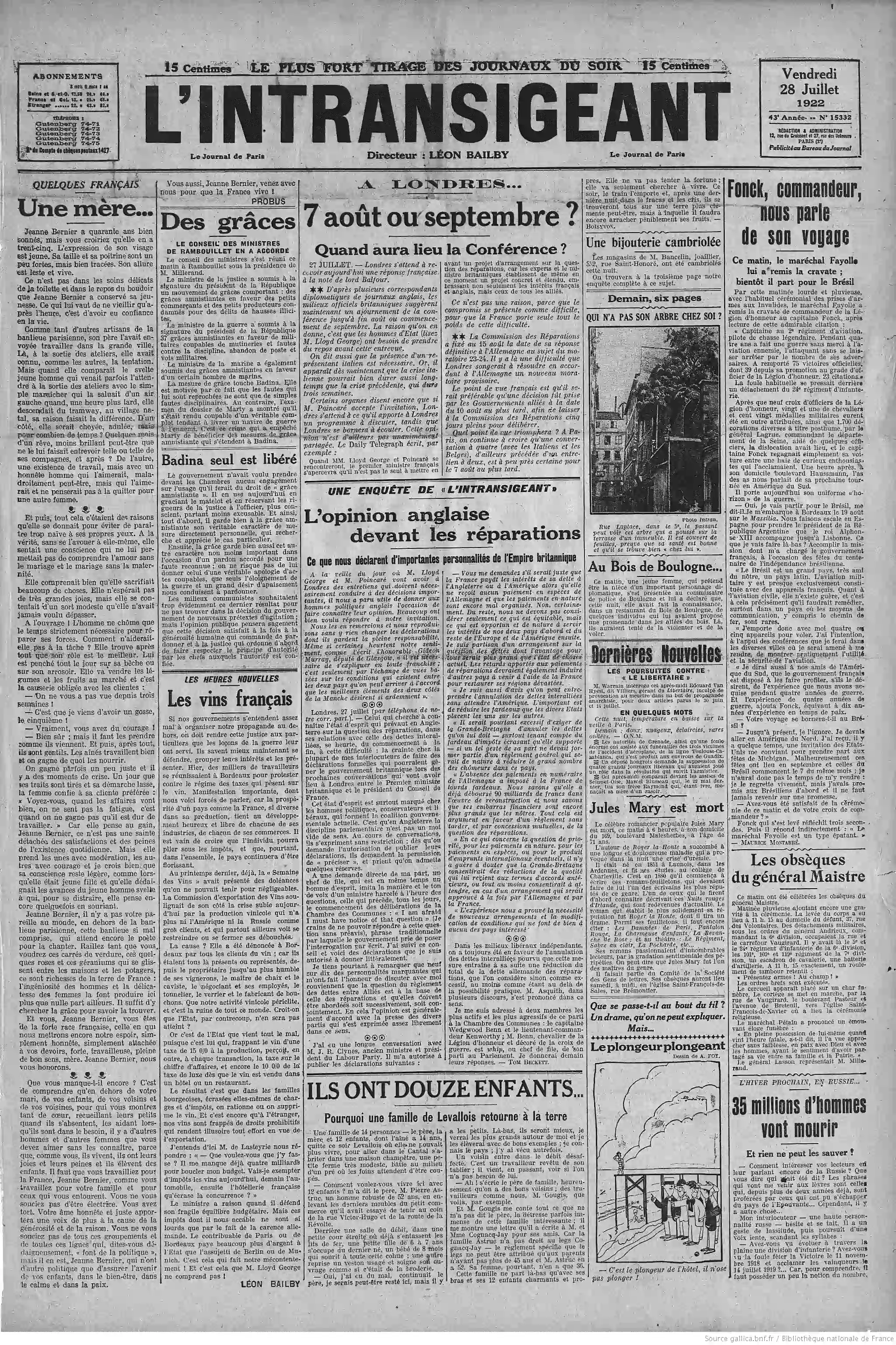 LIntransigeant édition du 28 juillet 1922 la page une les arbres sur les toits de Paris P1