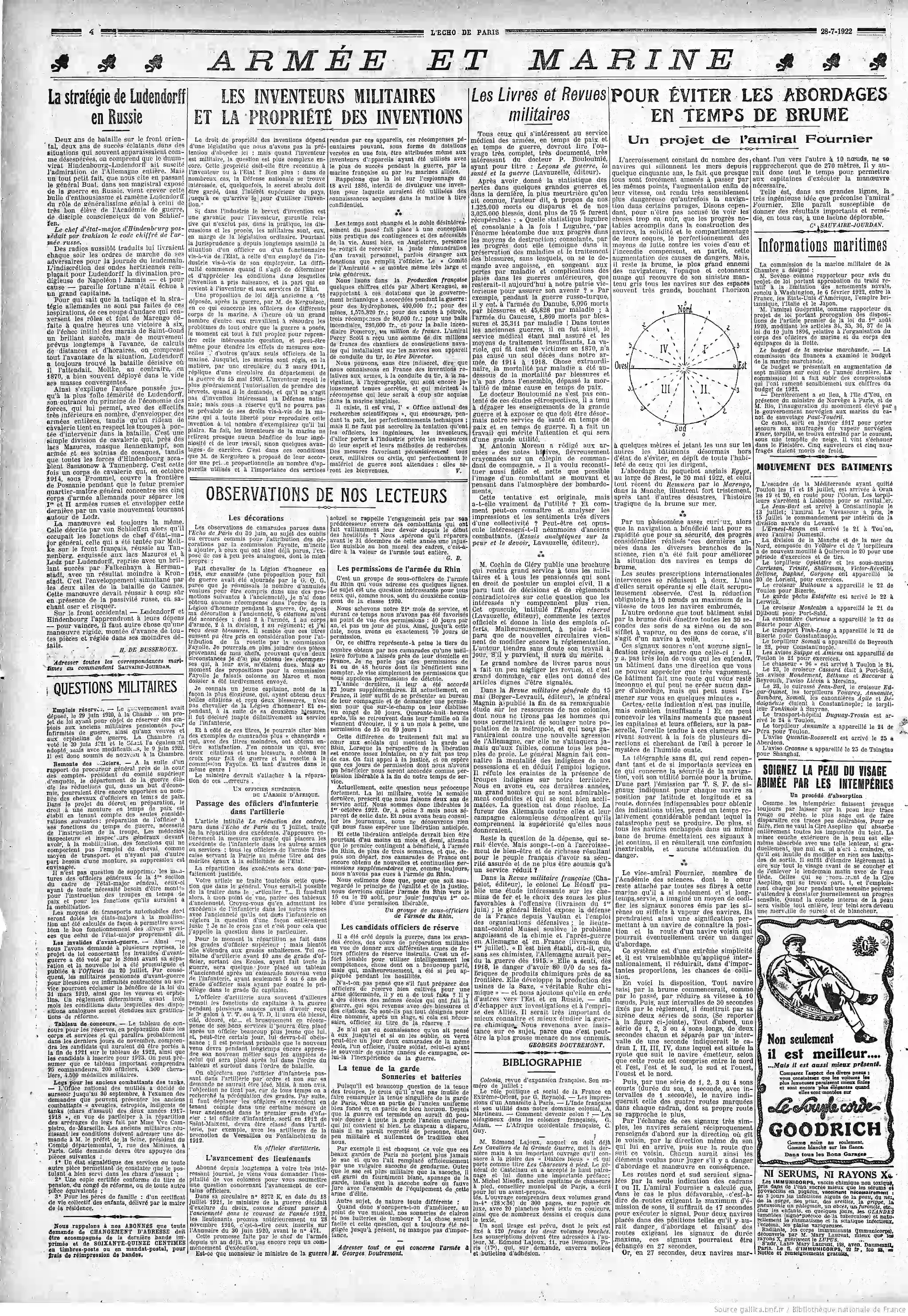 LÉcho de Paris édition du 28 juillet 1922 la page quatre éviter les abordages en mer par temps de brouillard P4