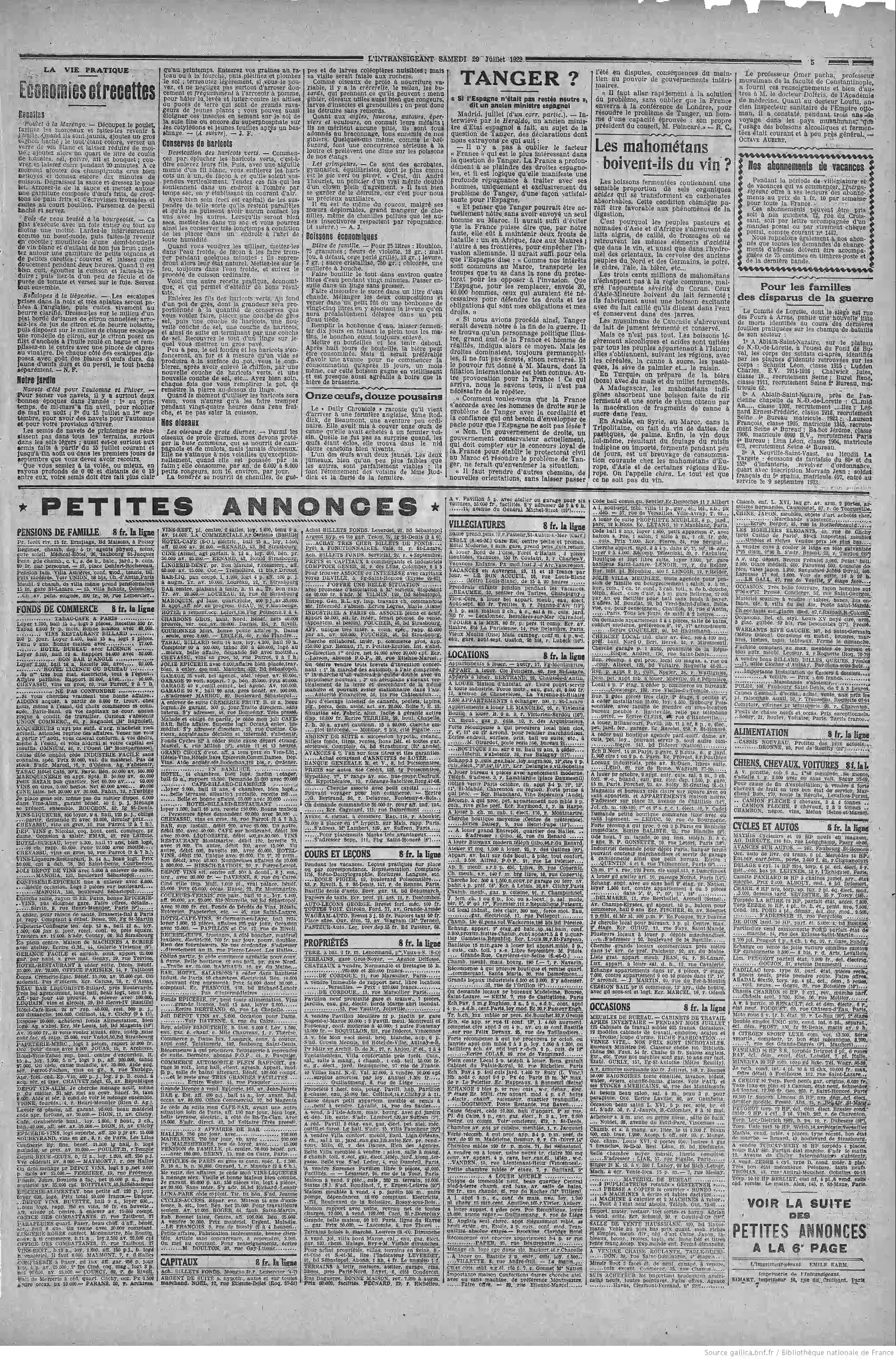 La Bignole LIntransigeant édition du 29 juillet 1922 la page cinq les recettes économiques faire des conserves et ses boissons P5
