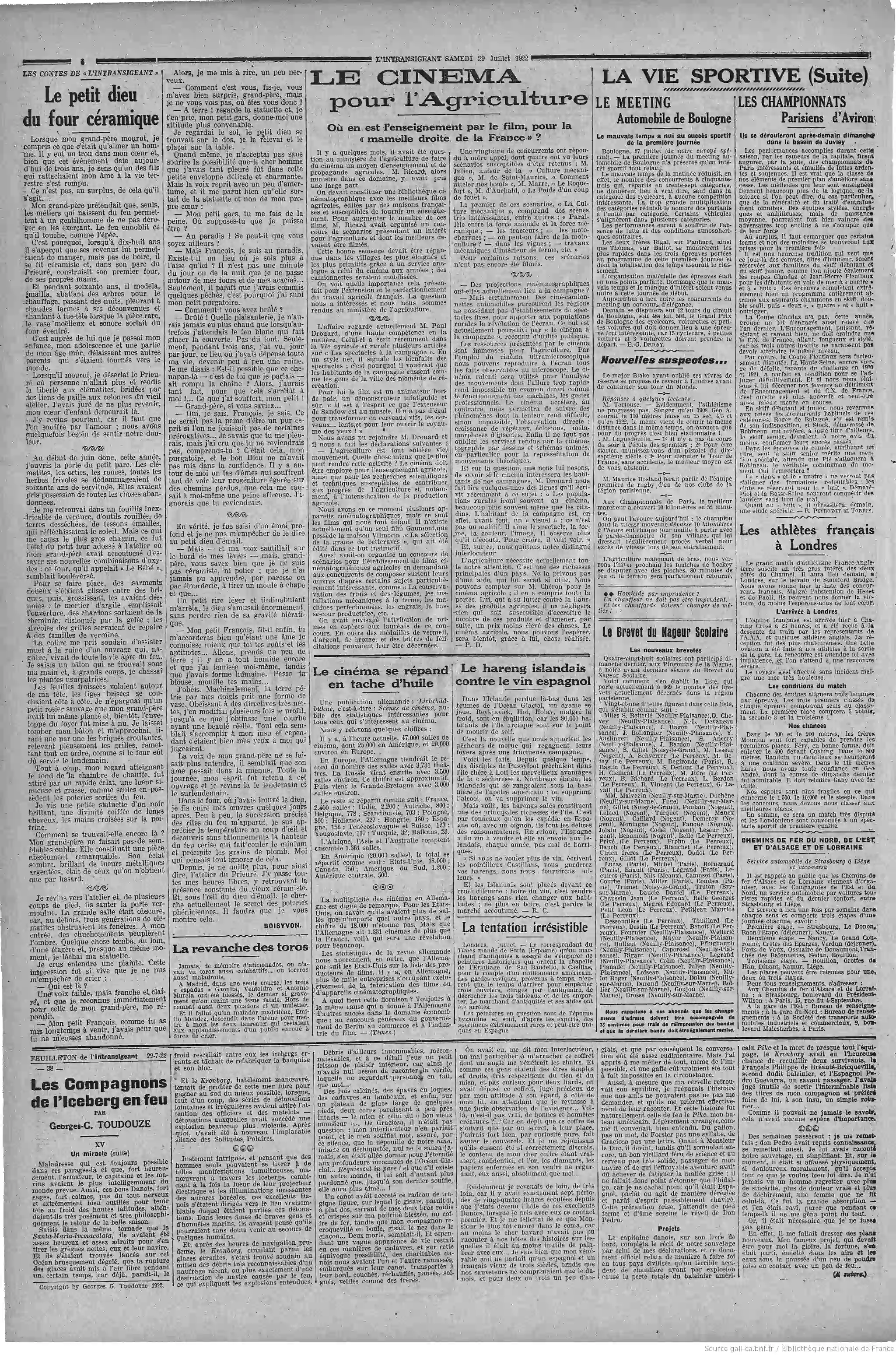 La Bignole LIntransigeant édition du 29 juillet 1922 la page quatre harengs dIslande et le cinéma pour l agriculture P4