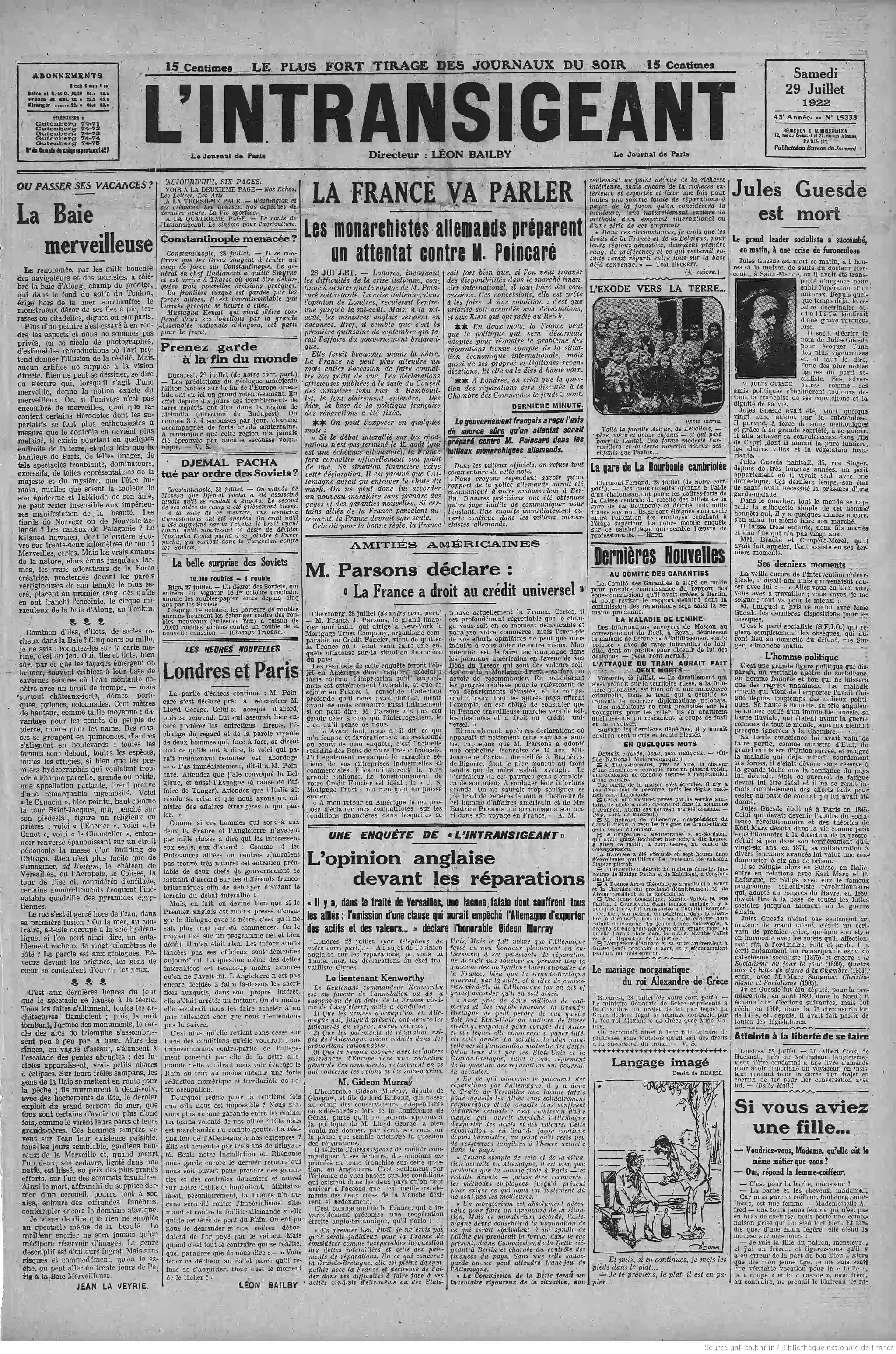 La Bignole LIntransigeant édition du 29 juillet 1922 la une du journal P4 1