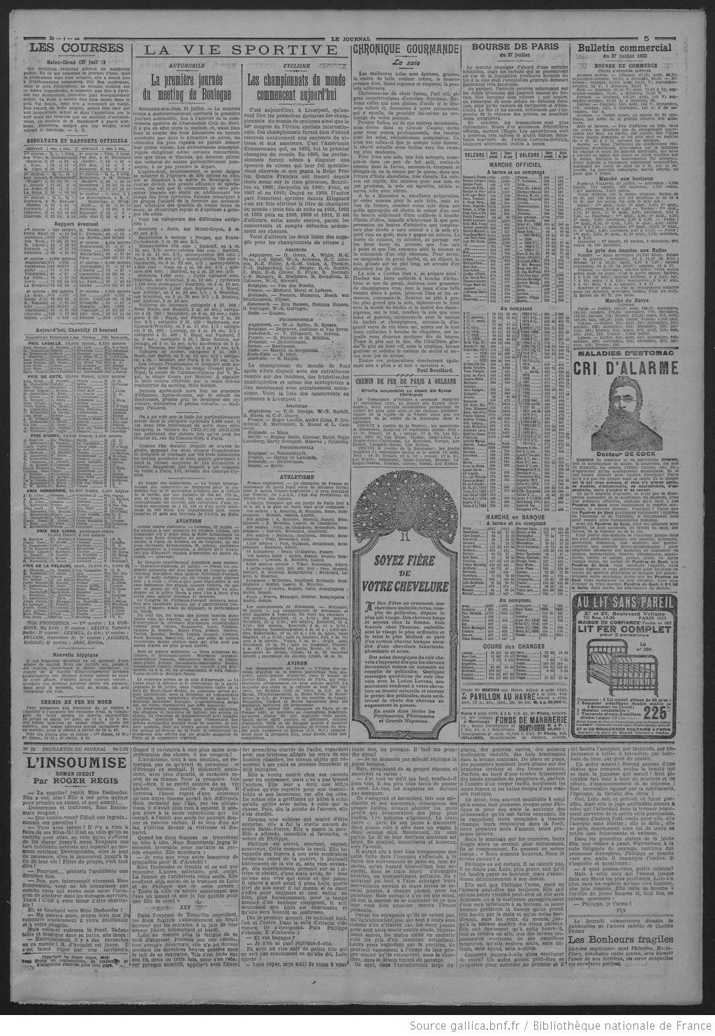 La Bignole Le Journal édition du 29 juillet 1922 la page cinq chronique recettes comment cuisiner la sole P5