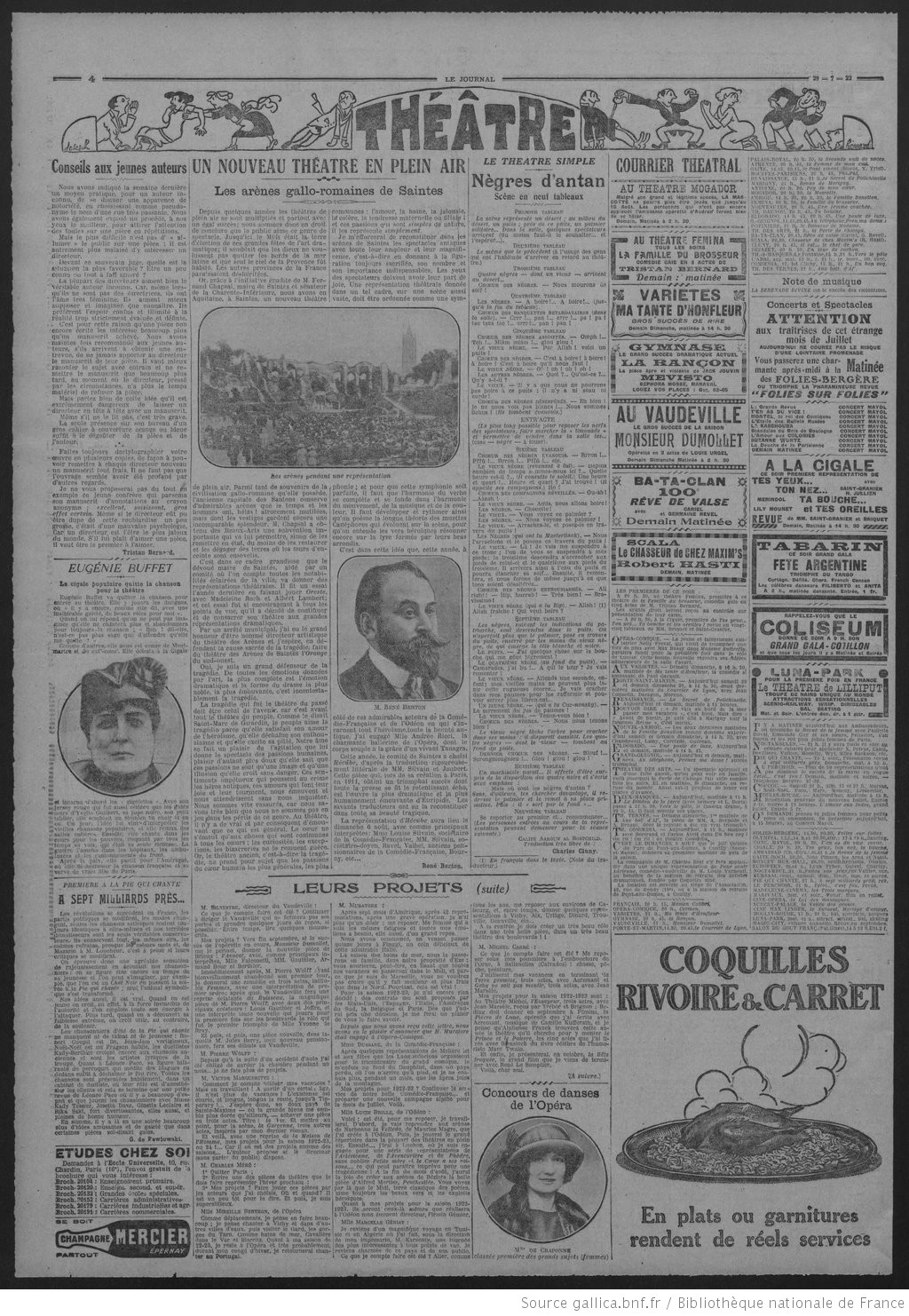 La Bignole Le Journal édition du 29 juillet 1922 page quatre nouveau théâtre les arènes de Saintes P4