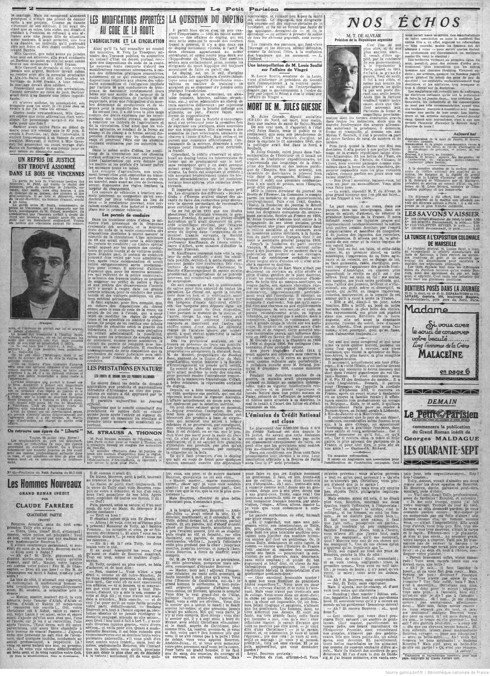 La Bignole Le Petit Parisien édition du 29 juillet 1922 la page deux le scandale du dopage des chevaux P2