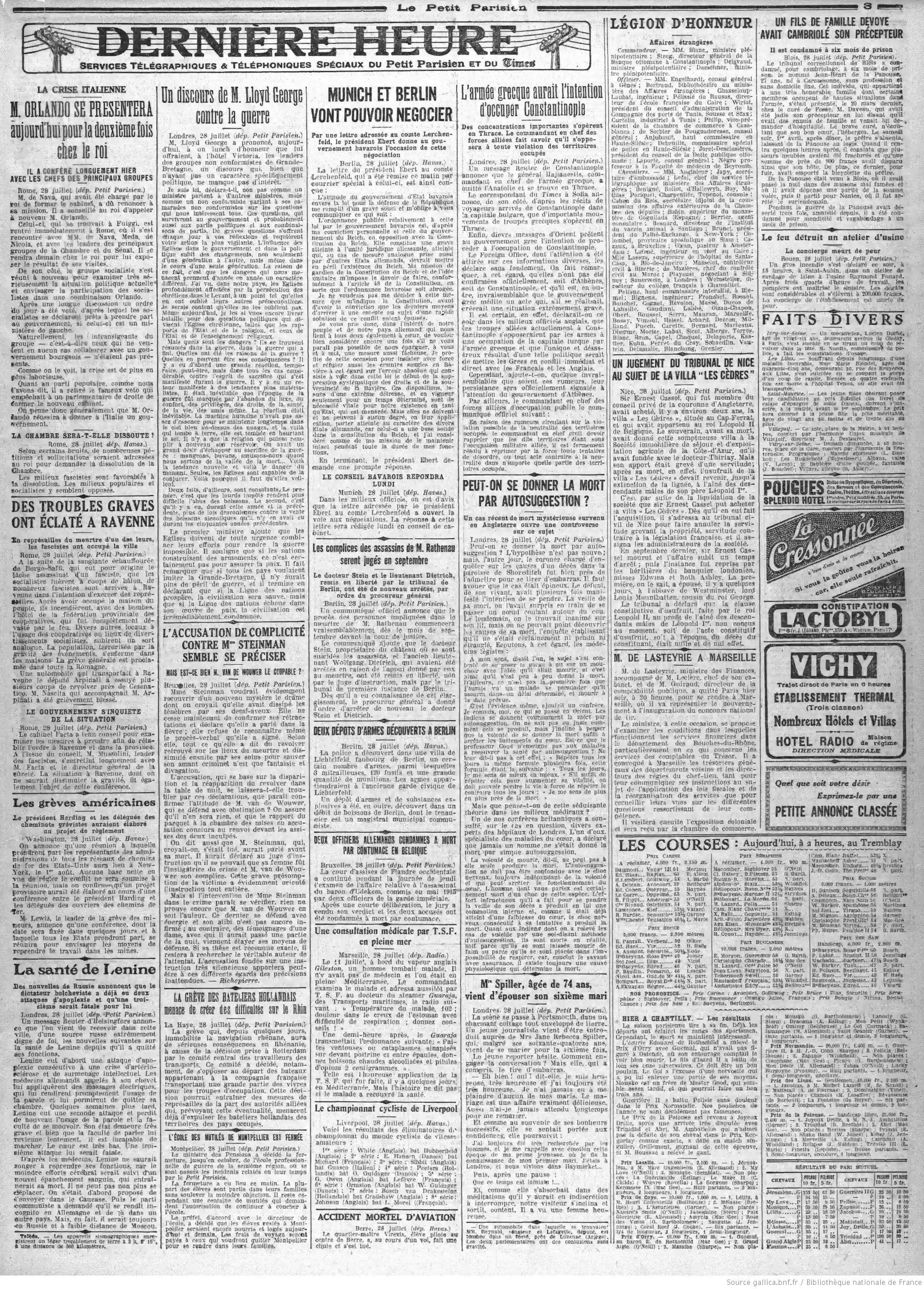 La Bignole Le Petit Parisien édition du 29 juillet 1922 la page trois peut on se donner la mort par auto suggestion P3
