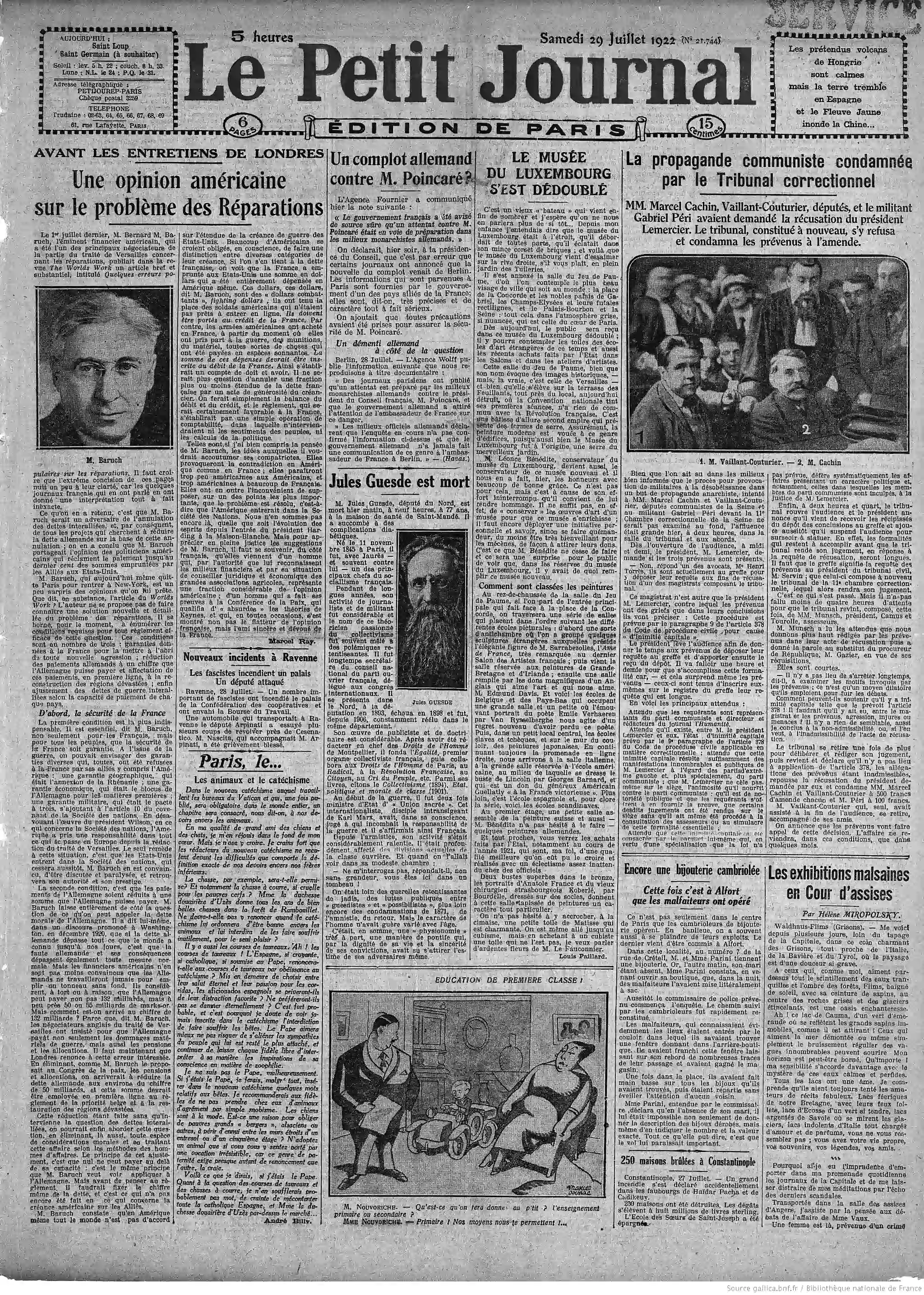 La Bignole Le Petit journal édition du 29 juillet 1922 la page une les animaux et le cathéchisme Jules Guesde est mort P1