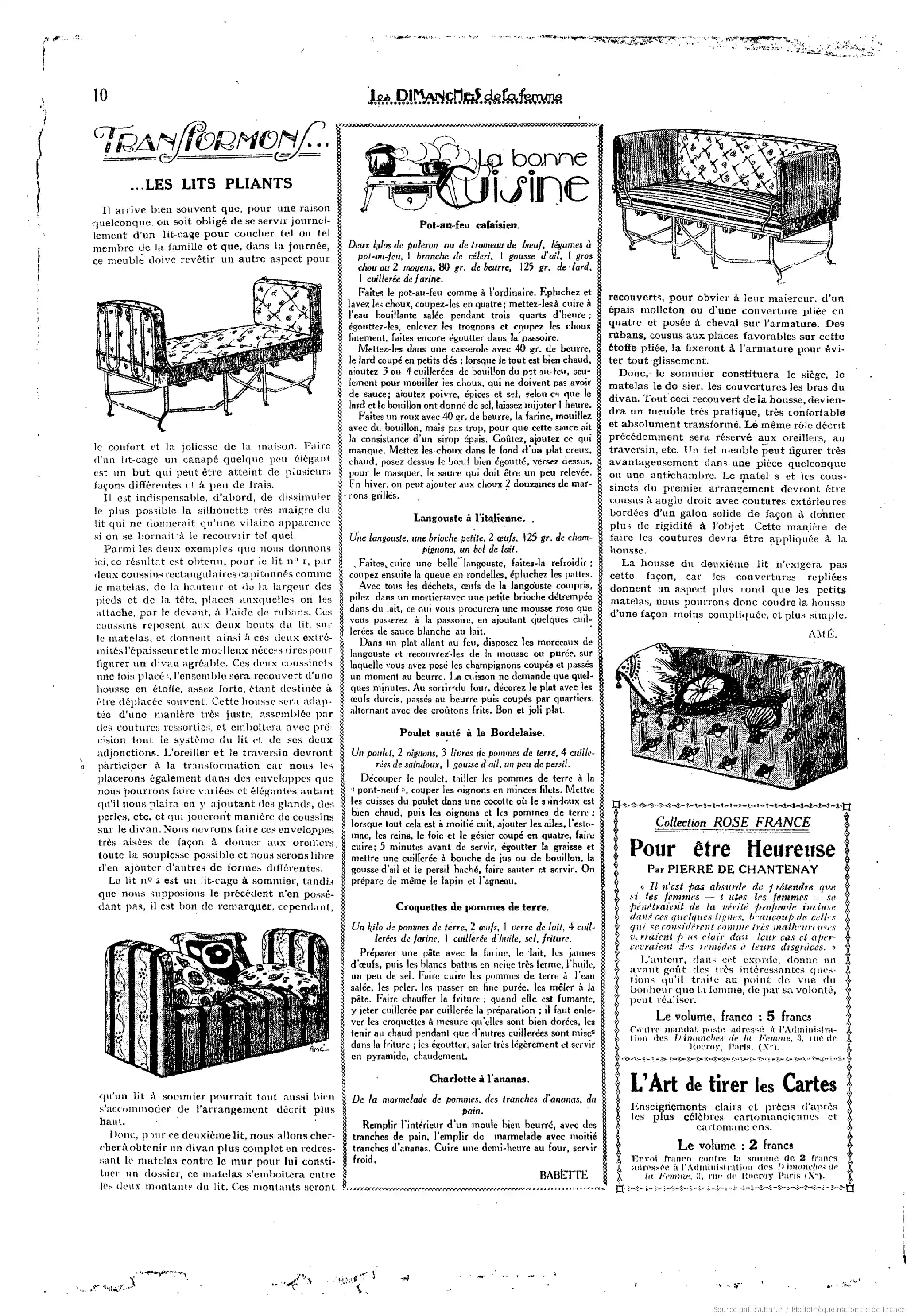 La Bignole Les Dimanches de la femme édition du 30 juillet 1922 sur la page neuf un article avec les recettes de Babette 9