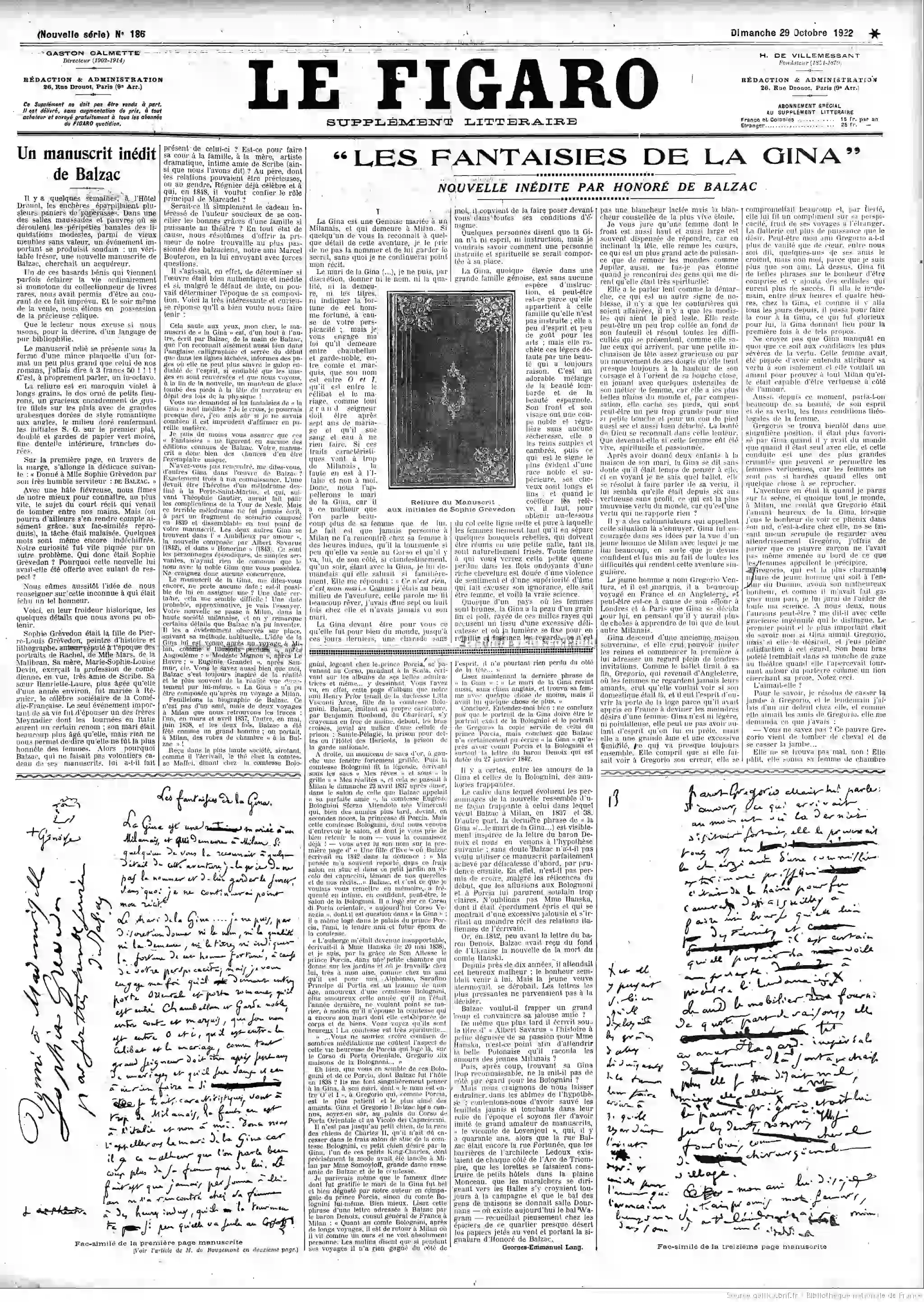 Un manuscrit inédit de Balzac : Acquis à l'hôtel Drouot, avec les fac-similés de la 1 ère et de la 3 ème pages manuscrites : les fantaisies de Gina, une publication inédite,