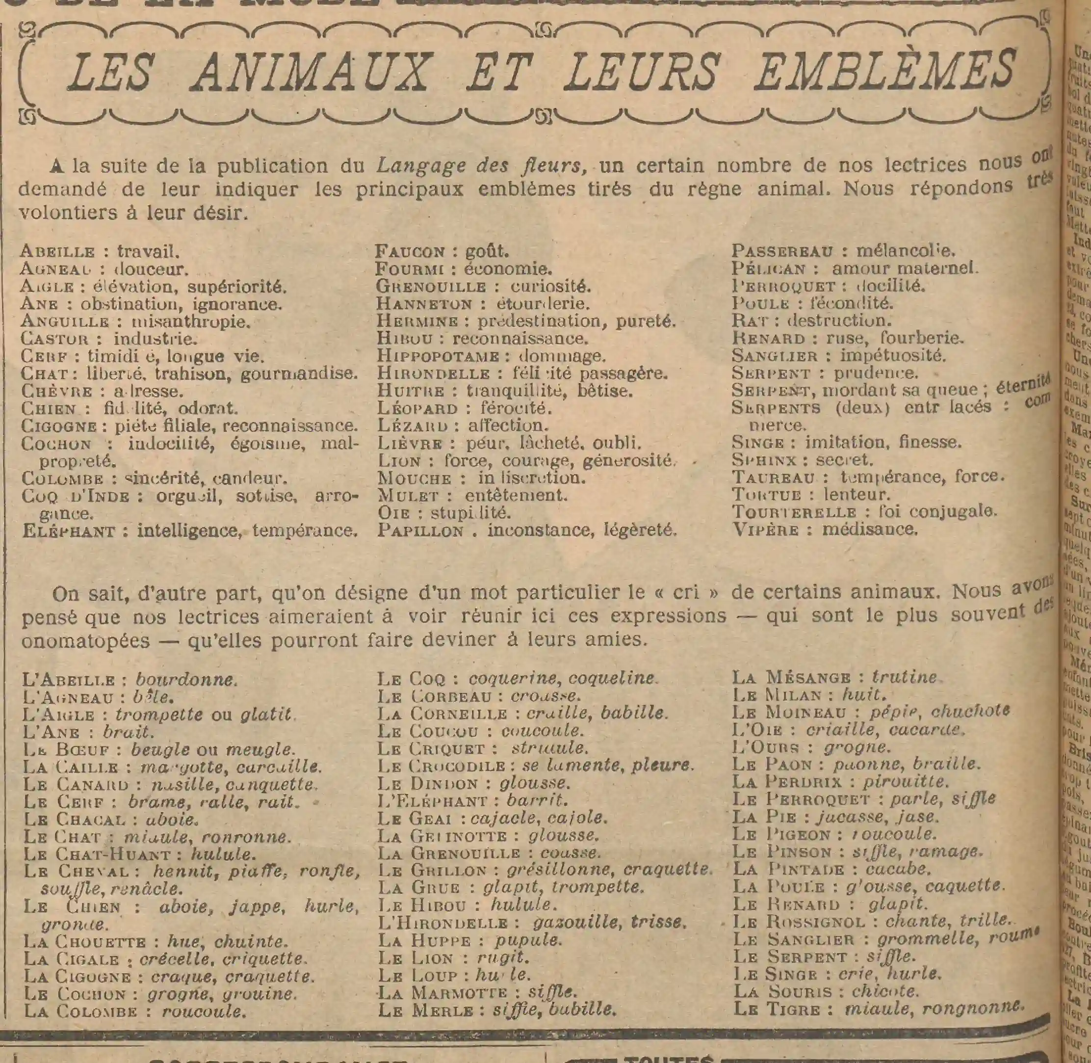 les animaux et leurs emblèmes et leurs cris
