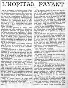 - L'hôpital payant, les hôpitaux de Paris deviennent des maisons de commerce un article prémonitoire, l'état d'esprit, les manières