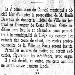 la municipalité de Paris va honorer le centenaire de la naissance de César Franck