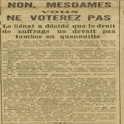 Non, Mesdames vous ne voterez pas, le sénat a décidé que le droit de voûte ne devait pas tomber en quenouille, à 22 voix près !