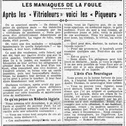 Les maniaques de la foule, après les "vitrioleurs" voici les "piqueurs" et des explications sur le comportement et l'agissement du "petit sadisme" par des éminences du milieu médical