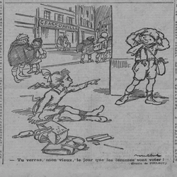 Un dessin humoristique sur le droit de vote des femmes, signé Poulbot